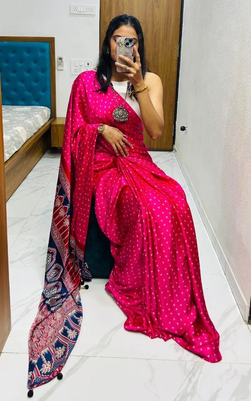 Semi Gajji Silk Saree with Ajrakh Bandhej Print Work in Surat