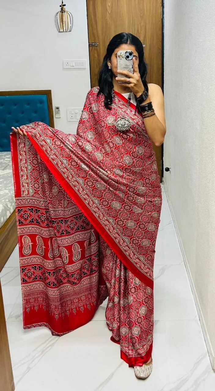 Semi Gajji Silk Saree with Ajrakh Bandhej Print Work in Surat