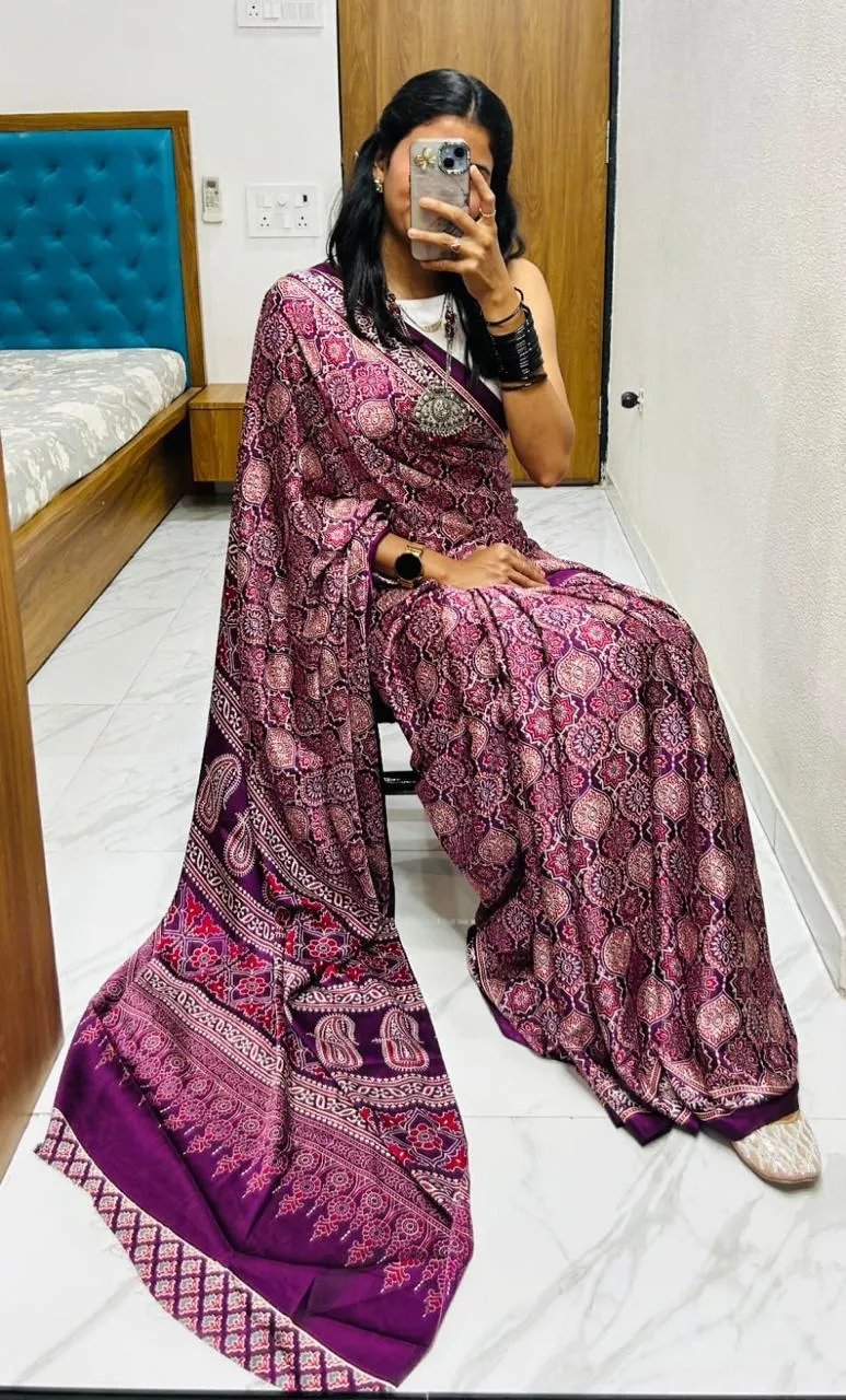 Semi Gajji Silk Saree with Ajrakh Bandhej Print Work in Surat
