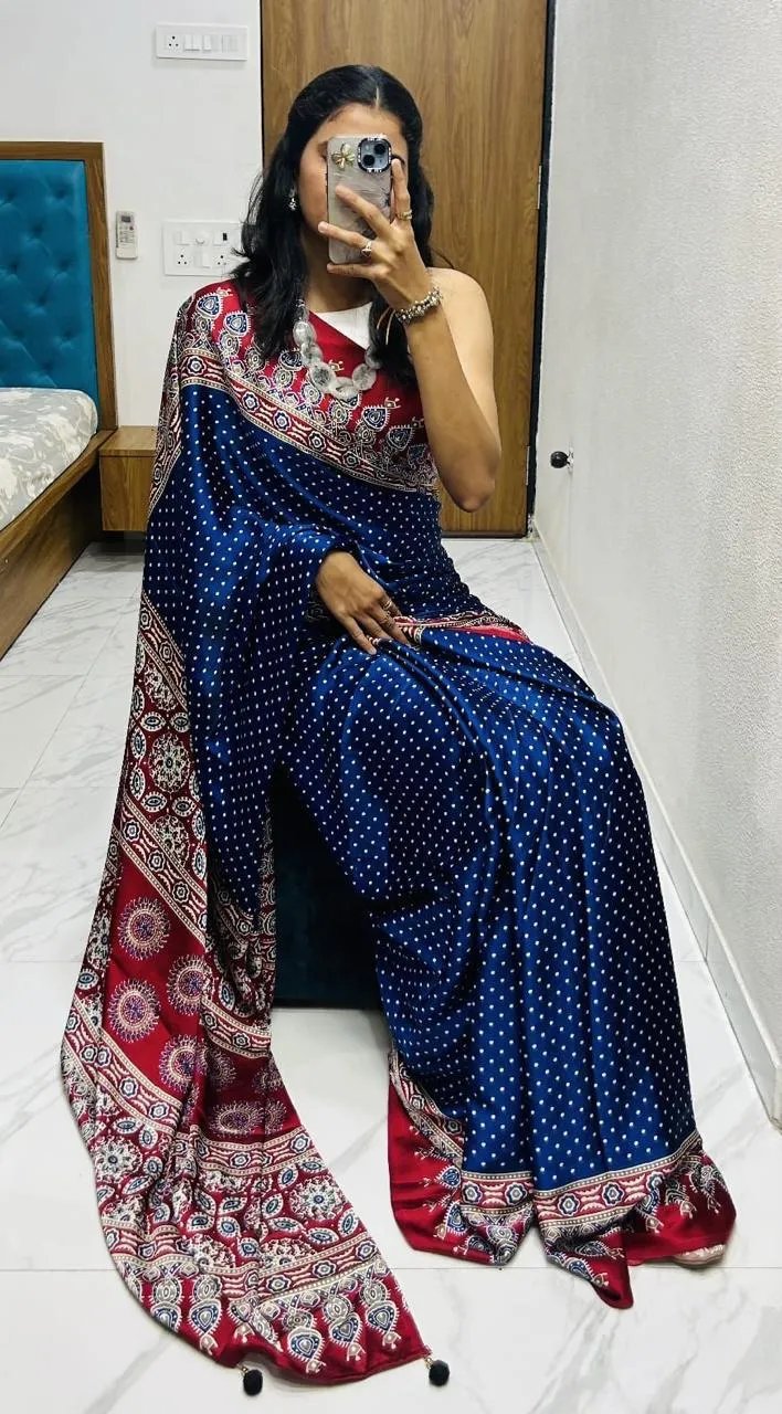 Semi Gajji Silk Saree with Ajrakh Bandhej Print Work in Surat