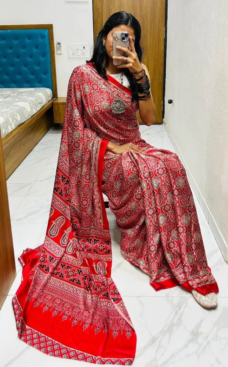 Semi Gajji Silk Saree with Ajrakh Bandhej Print Work in Surat