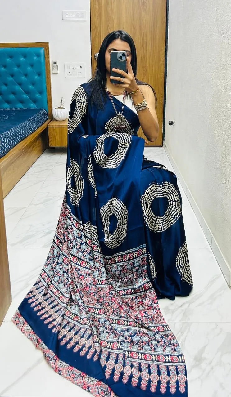 Semi Gajji Silk Saree with Ajrakh Bandhej Print Work in Surat