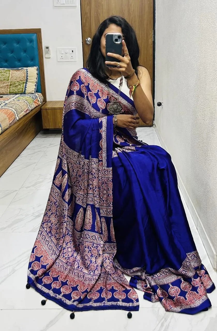 Semi Gajji Silk Saree with Ajrakh Bandhej Print Work in Surat