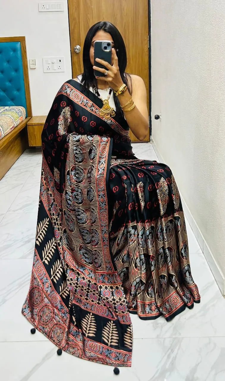 Semi Gajji Silk Saree with Ajrakh Bandhej Print Work in Surat