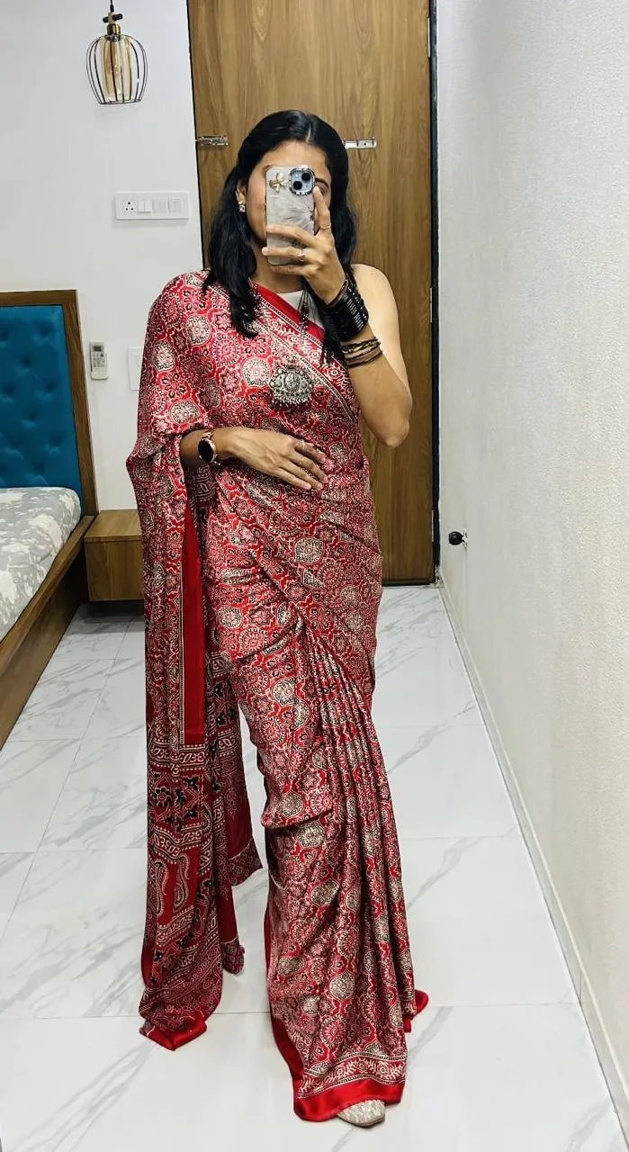 Semi Gajji Silk Saree with Ajrakh Bandhej Print Work in Surat
