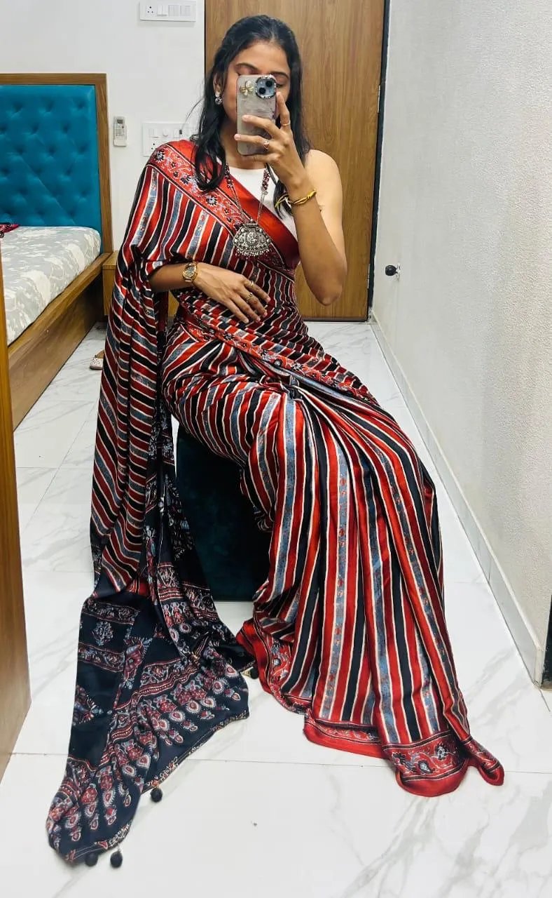 Semi Gajji Silk Saree with Ajrakh Bandhej Print Work in Surat
