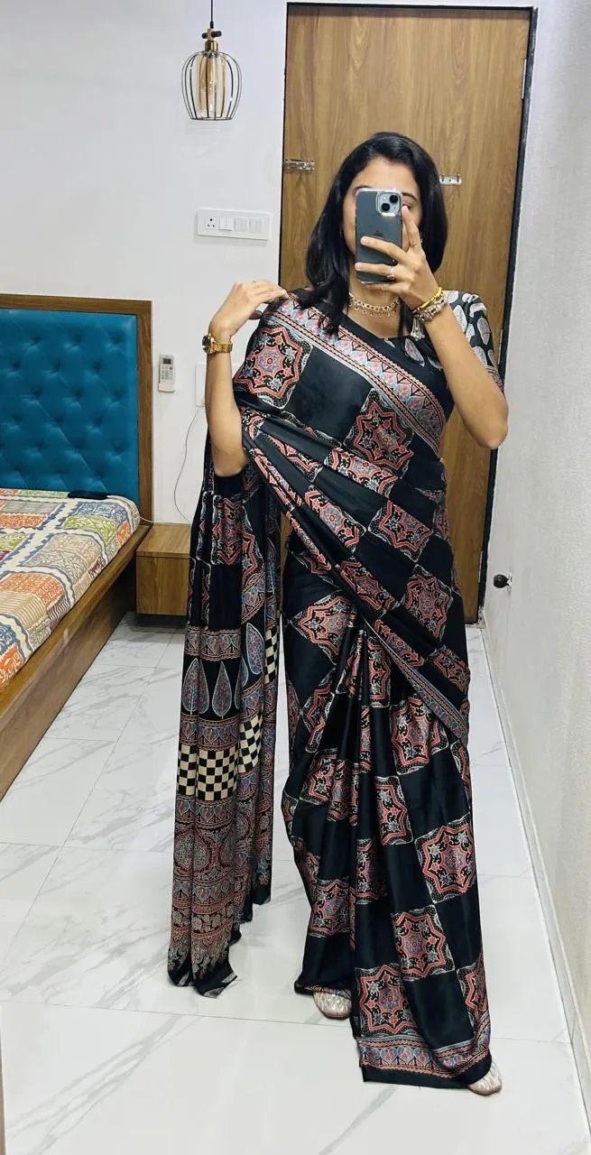 Semi Gajji Silk Saree with Ajrakh Bandhej Print Work in Surat