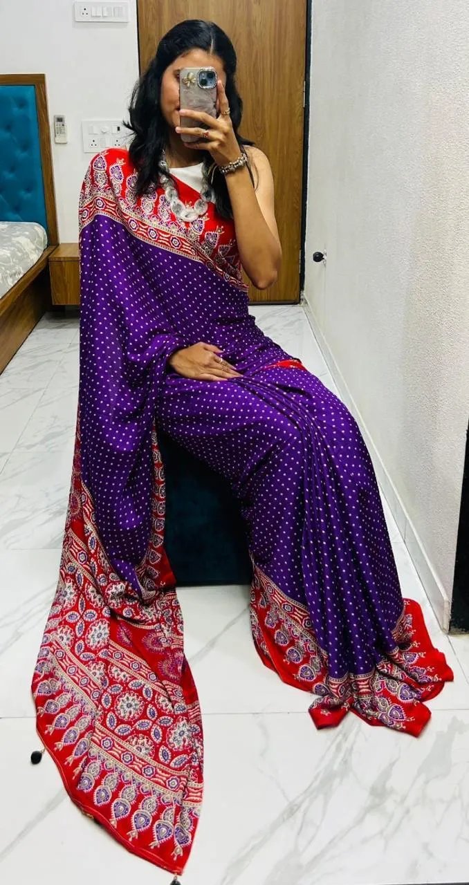 Semi Gajji Silk Saree with Ajrakh Bandhej Print Work in Surat