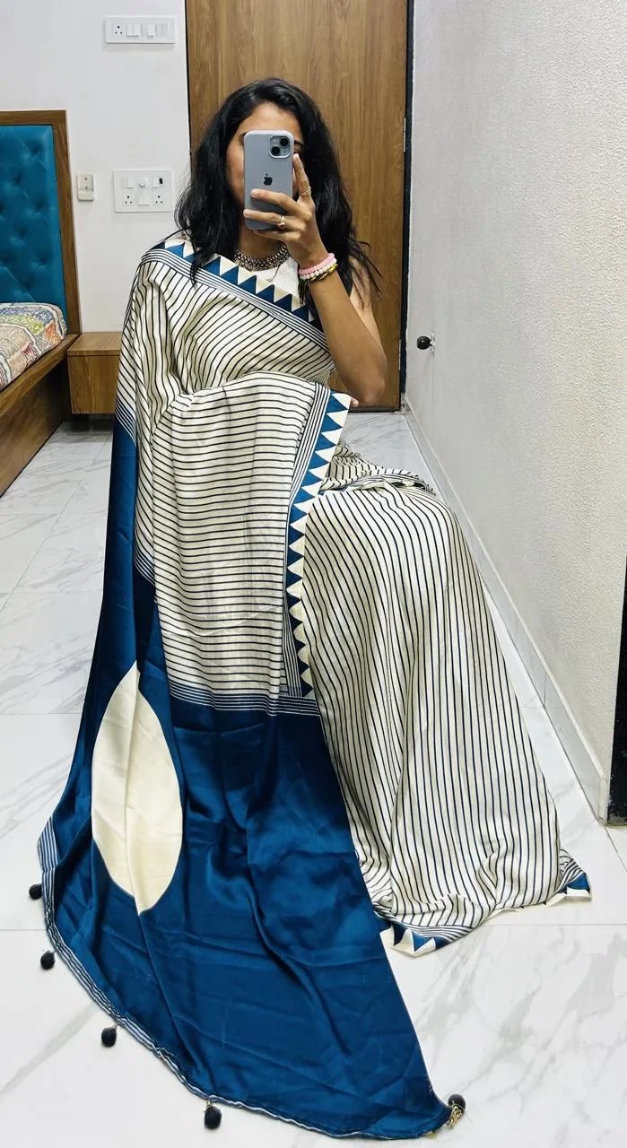 Semi Gajji Silk Saree with Ajrakh Bandhej Print Work in Surat