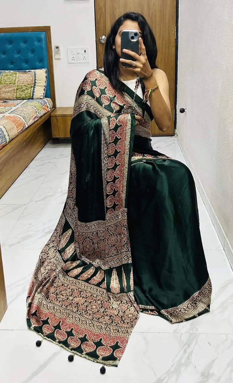 Semi Gajji Silk Saree with Ajrakh Bandhej Print Work in Surat