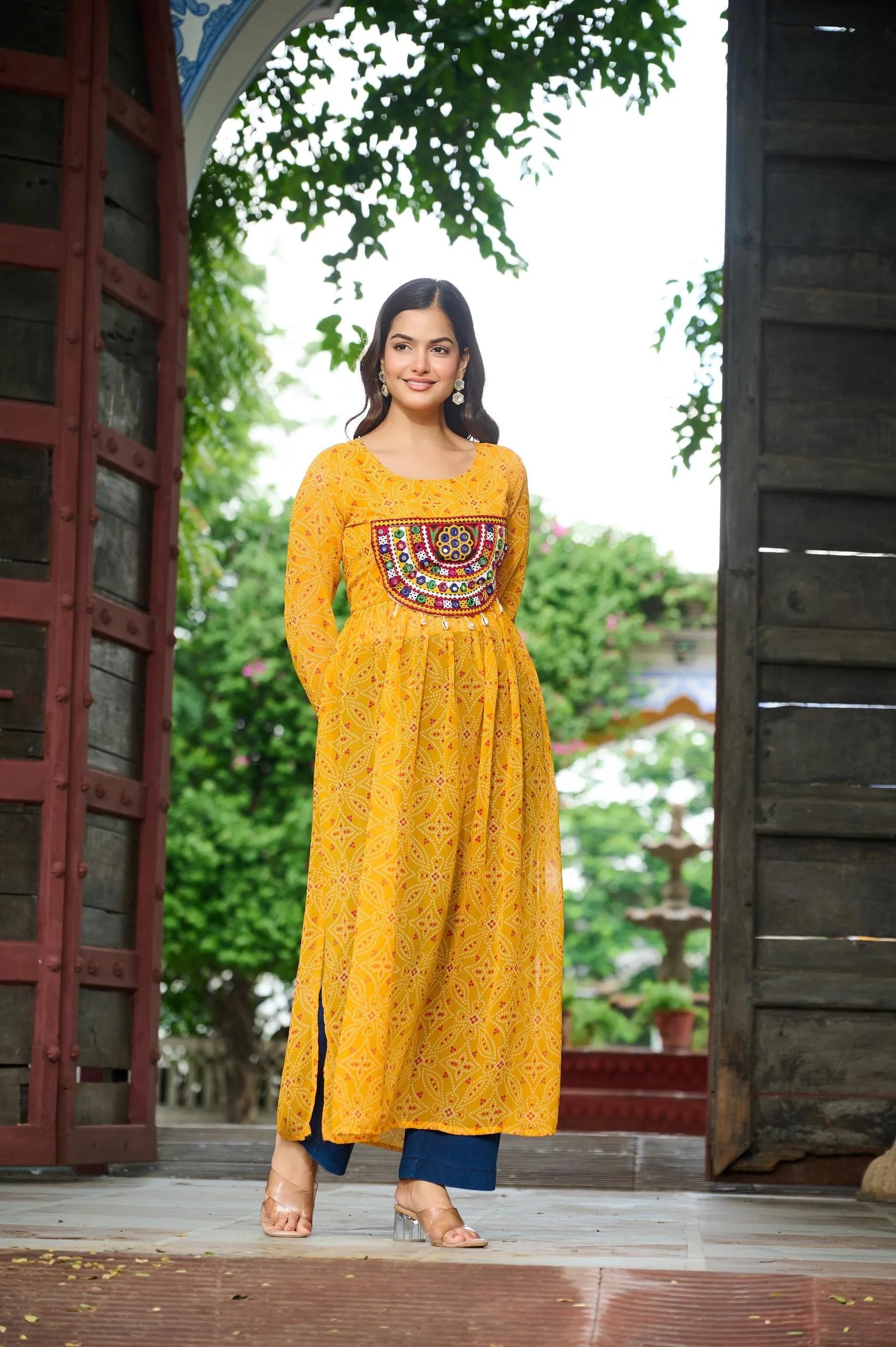 Bandhej Print Kurti with Kutchi Patchwork Navratri Wear in Surat