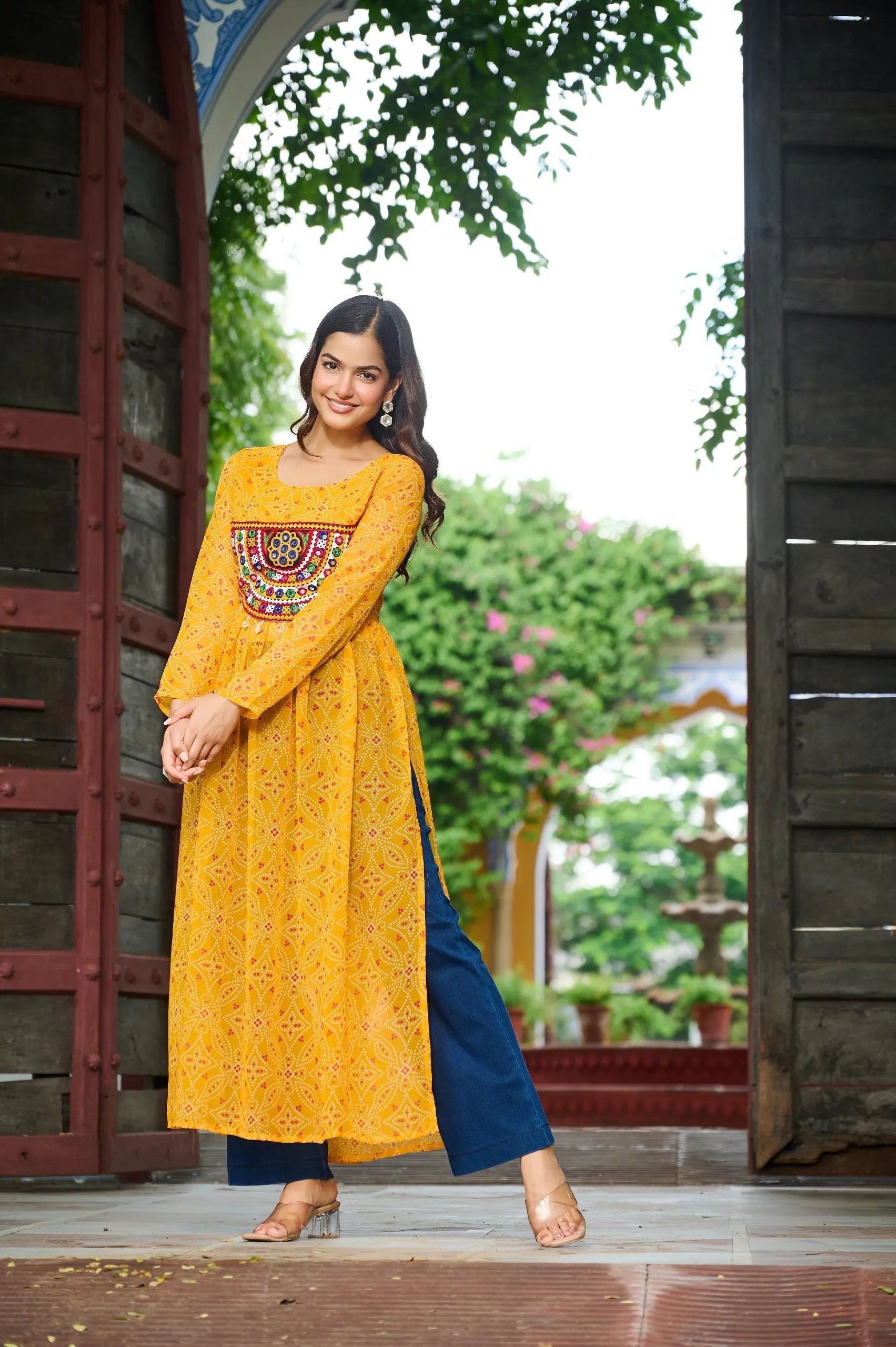 Bandhej Print Kurti with Kutchi Patchwork Navratri Wear in Surat