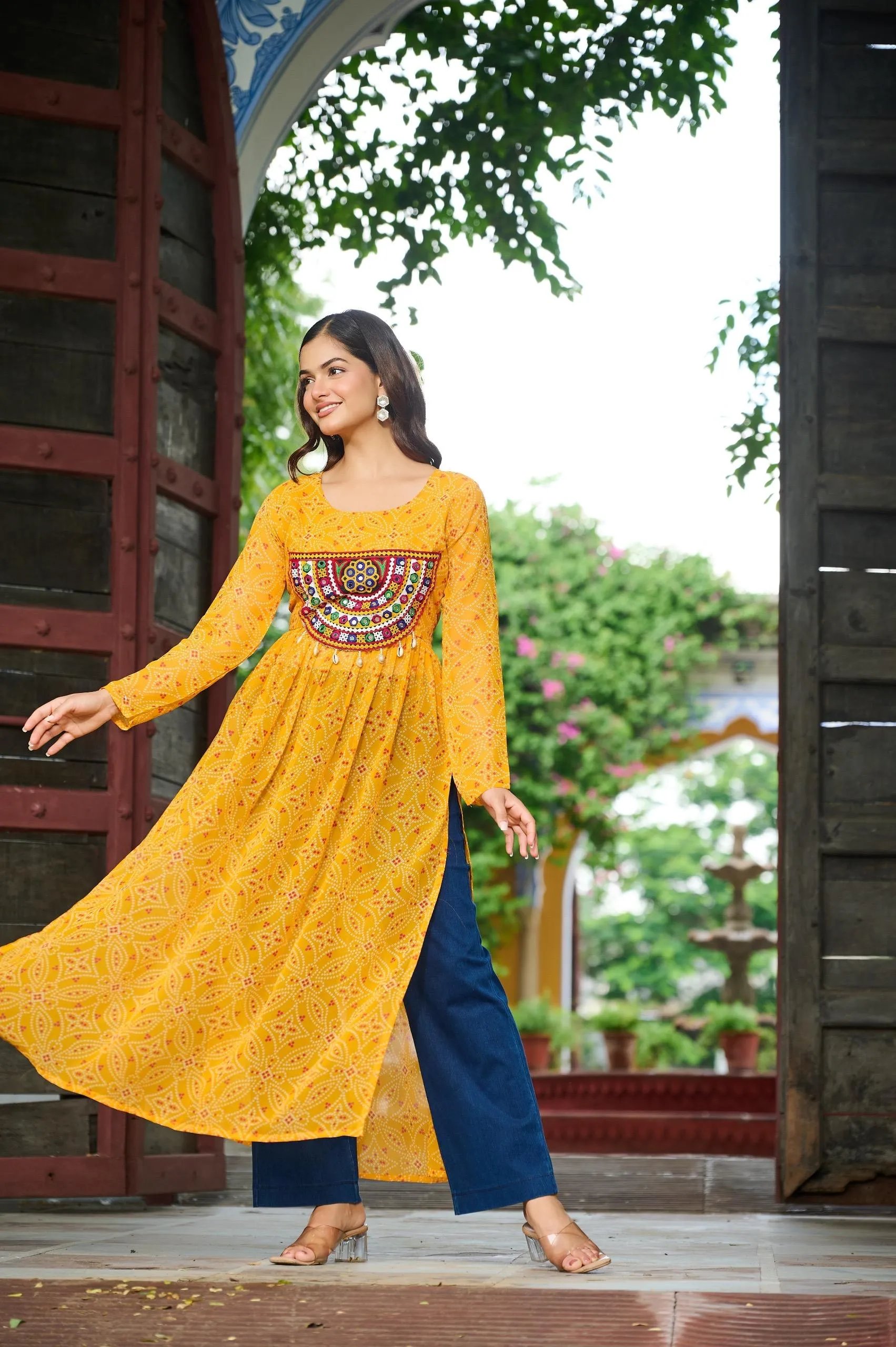 Bandhej Print Kurti with Kutchi Patchwork Navratri Wear in Surat