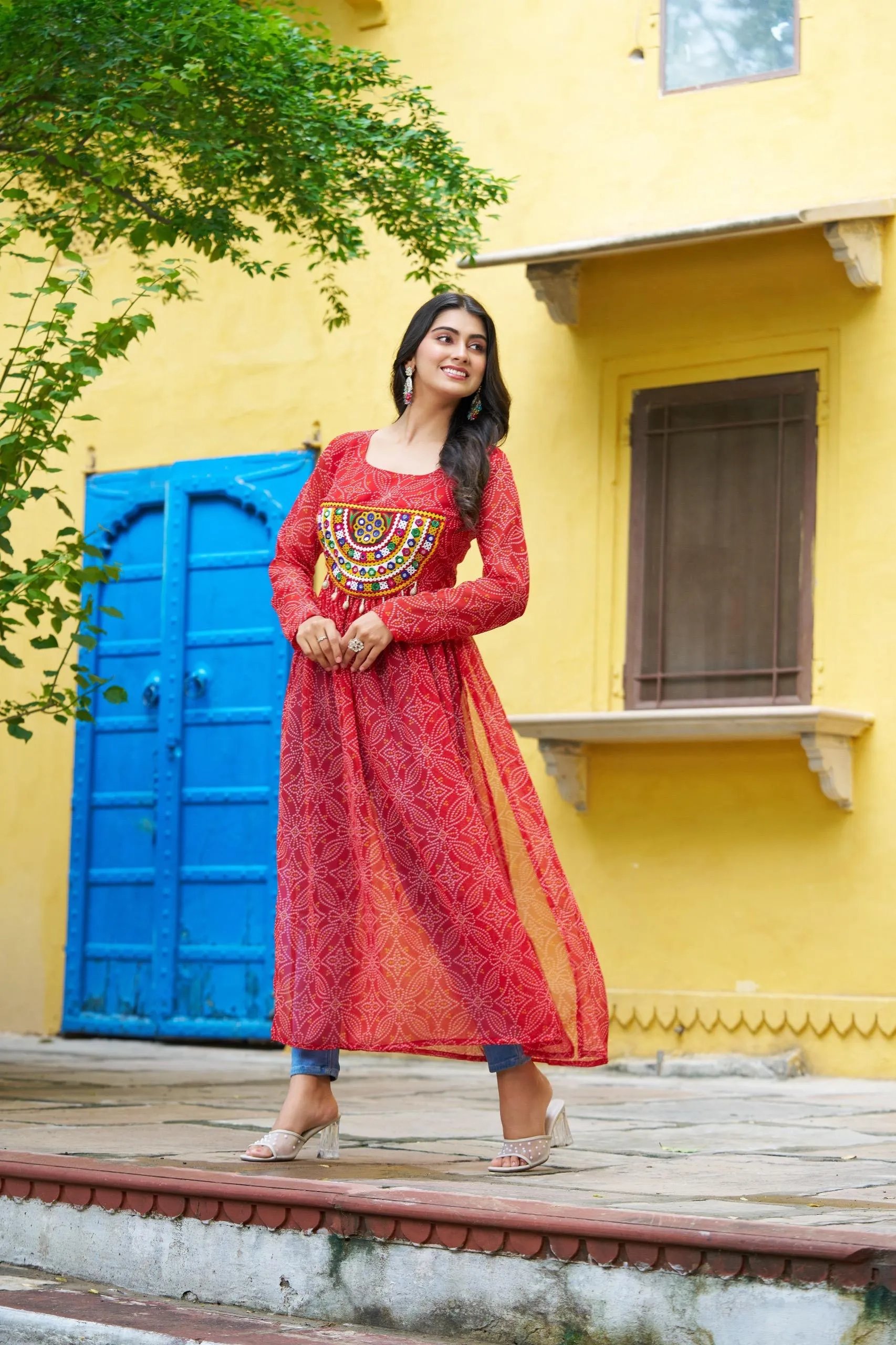 Bandhej Print Kurti with Kutchi Patchwork Navratri Wear in Surat