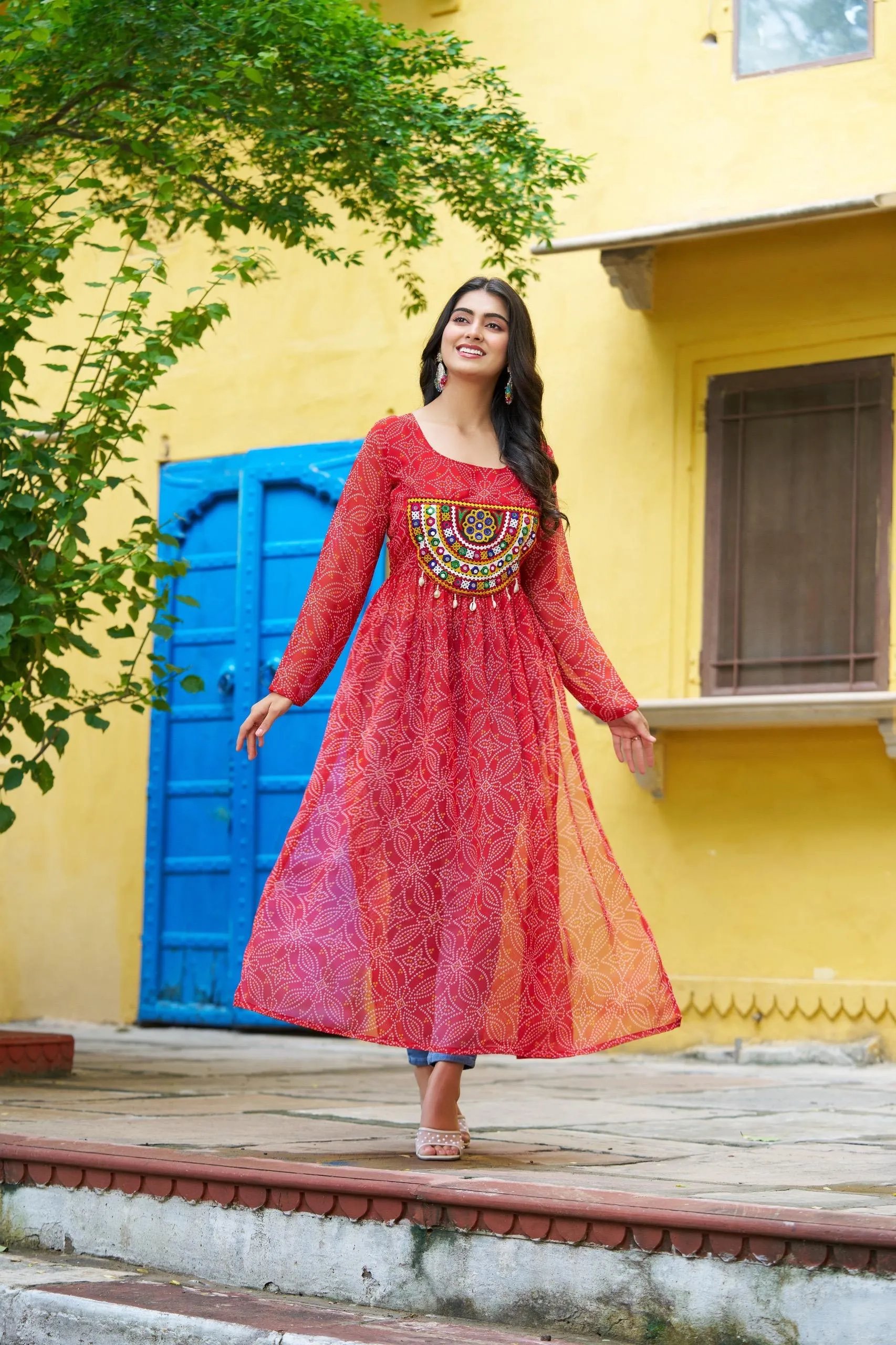 Bandhej Print Kurti with Kutchi Patchwork Navratri Wear in Surat