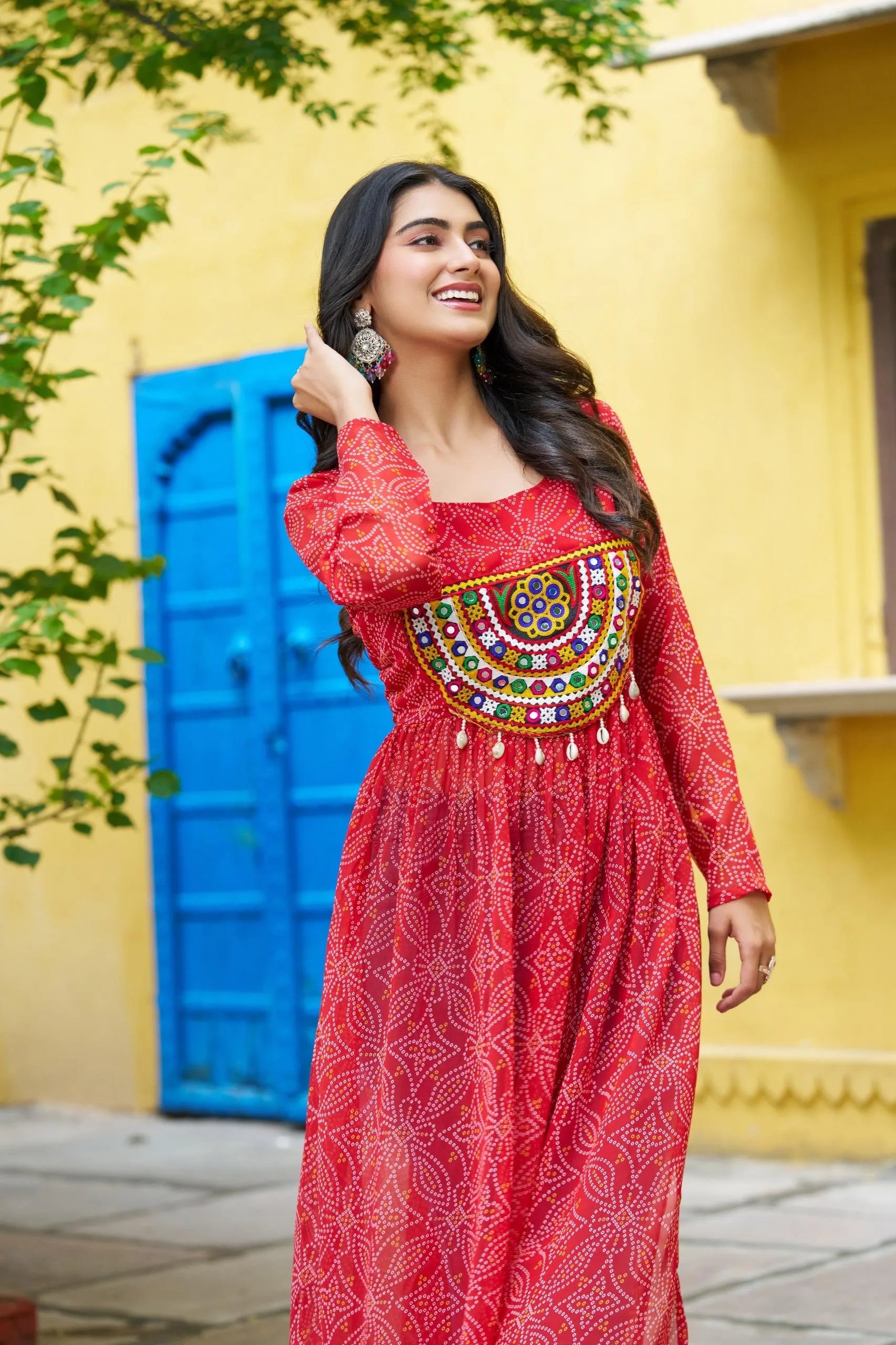 Bandhej Print Kurti with Kutchi Patchwork Navratri Wear in Surat