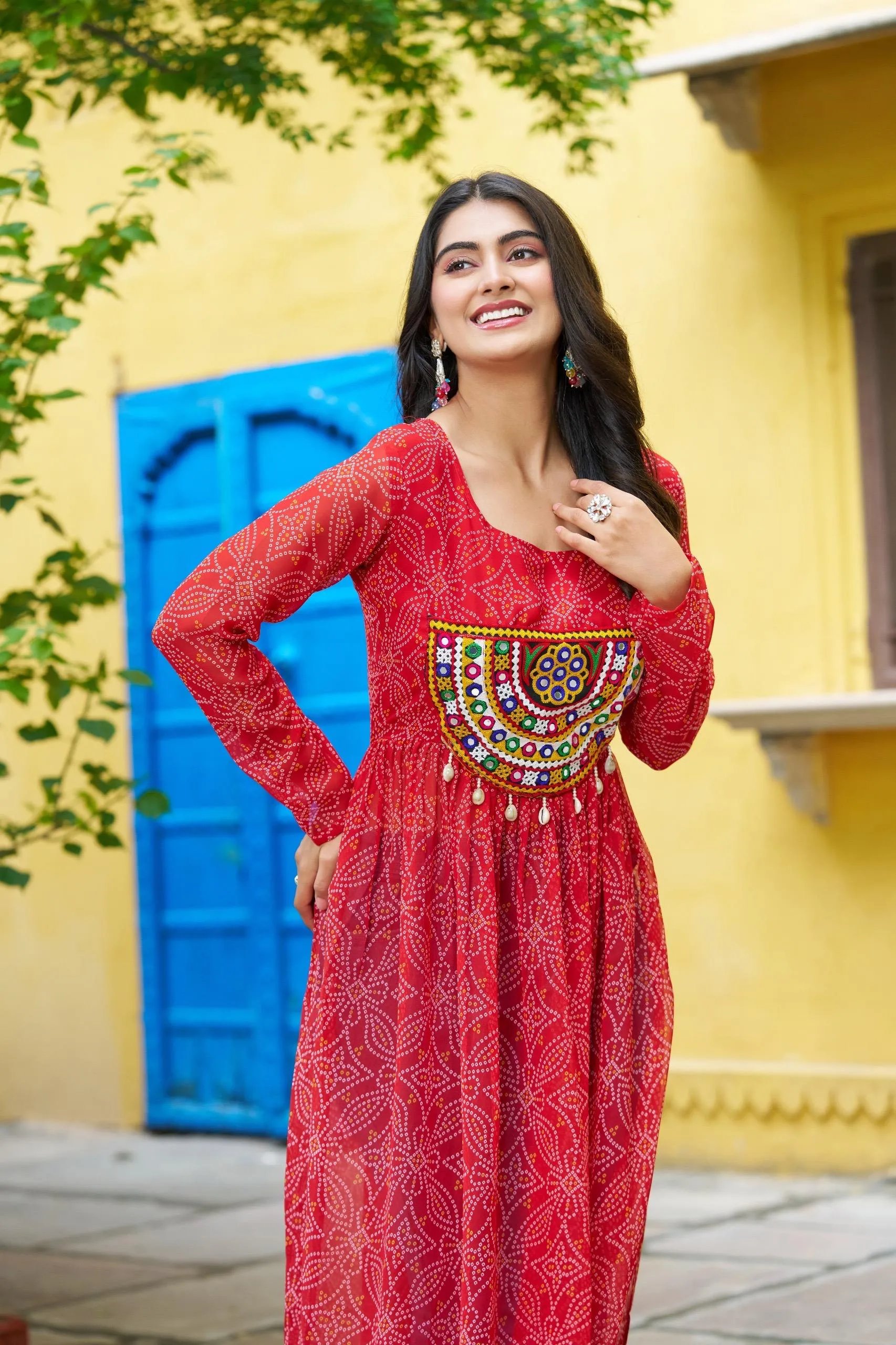 Bandhej Print Kurti with Kutchi Patchwork Navratri Wear in Surat