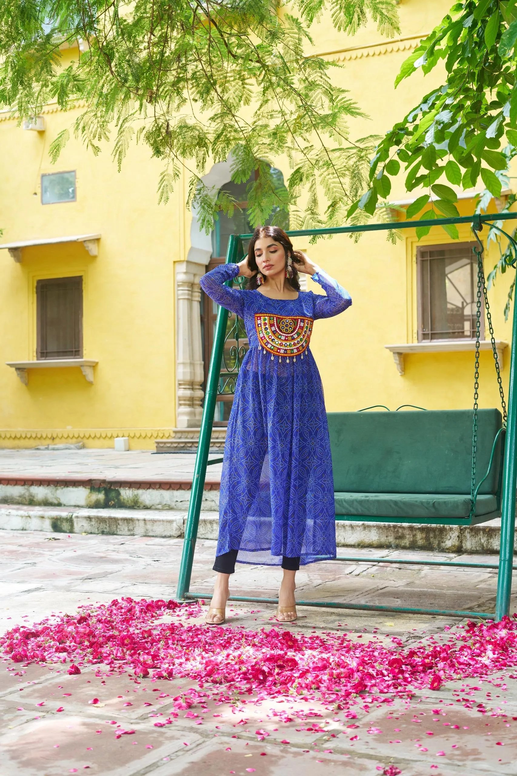 Bandhej Print Kurti with Kutchi Patchwork Navratri Wear in Surat