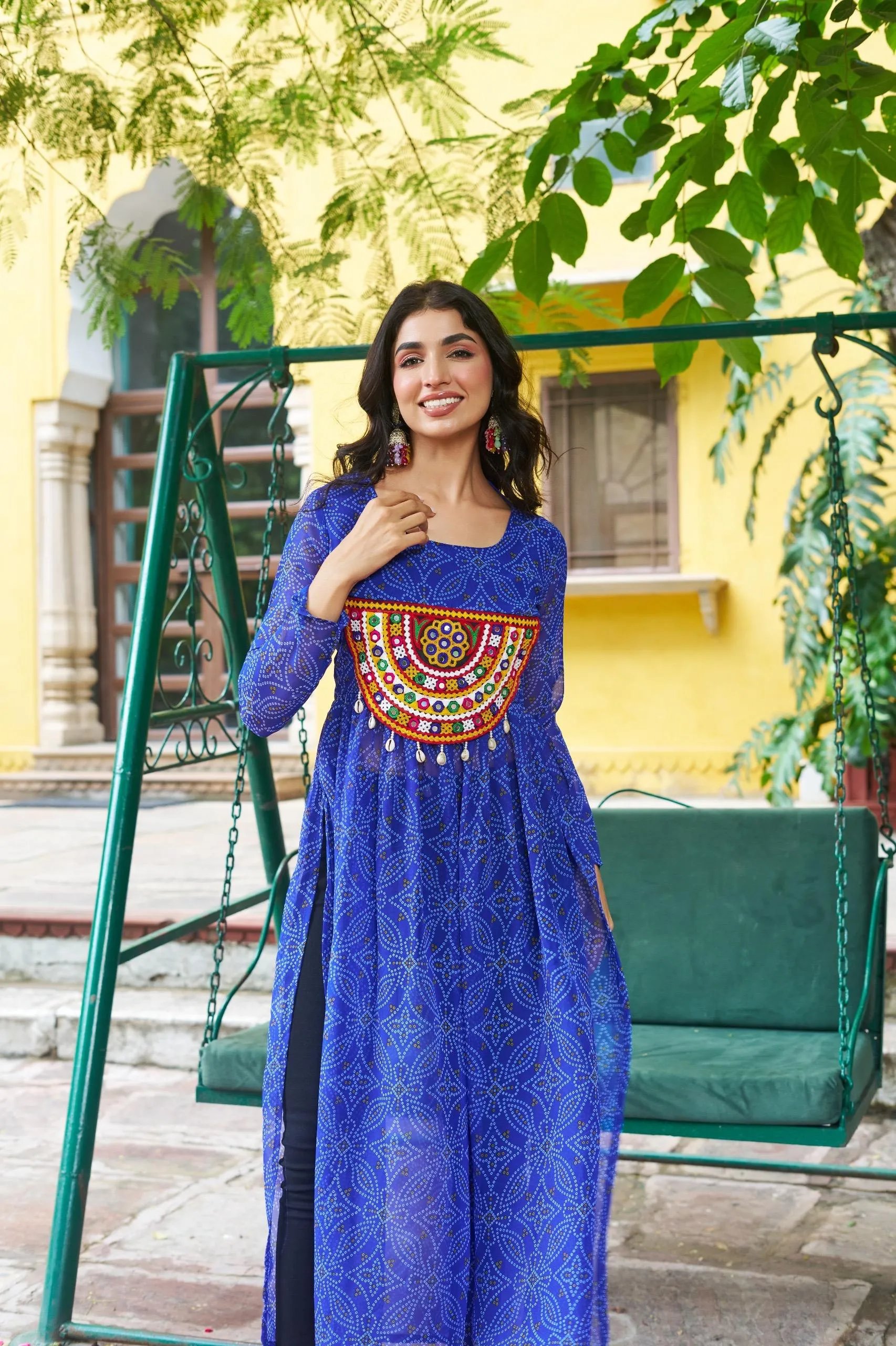 Bandhej Print Kurti with Kutchi Patchwork Navratri Wear in Surat