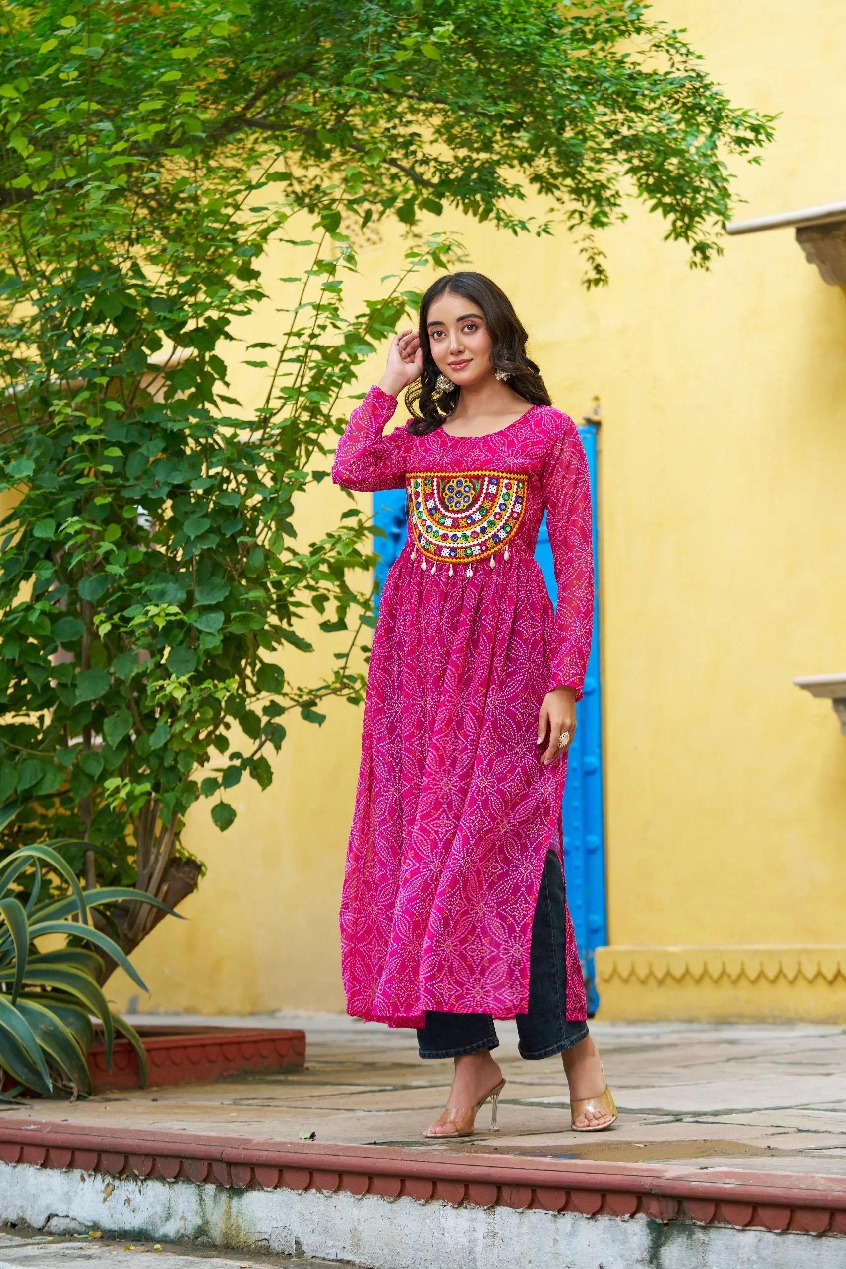 Bandhej Print Kurti with Kutchi Patchwork Navratri Wear in Surat
