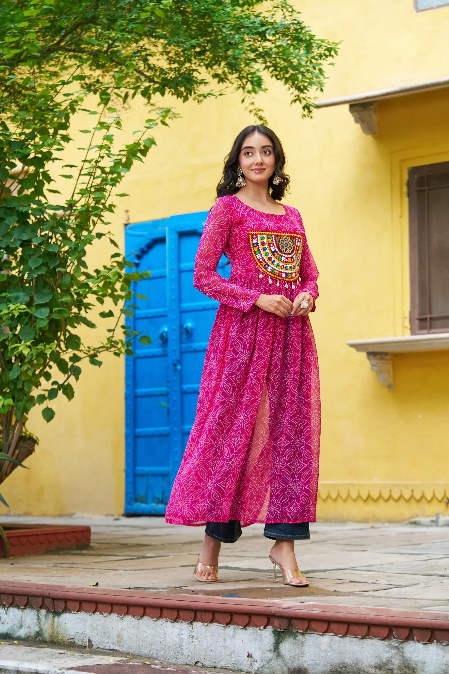 Bandhej Print Kurti with Kutchi Patchwork Navratri Wear in Surat