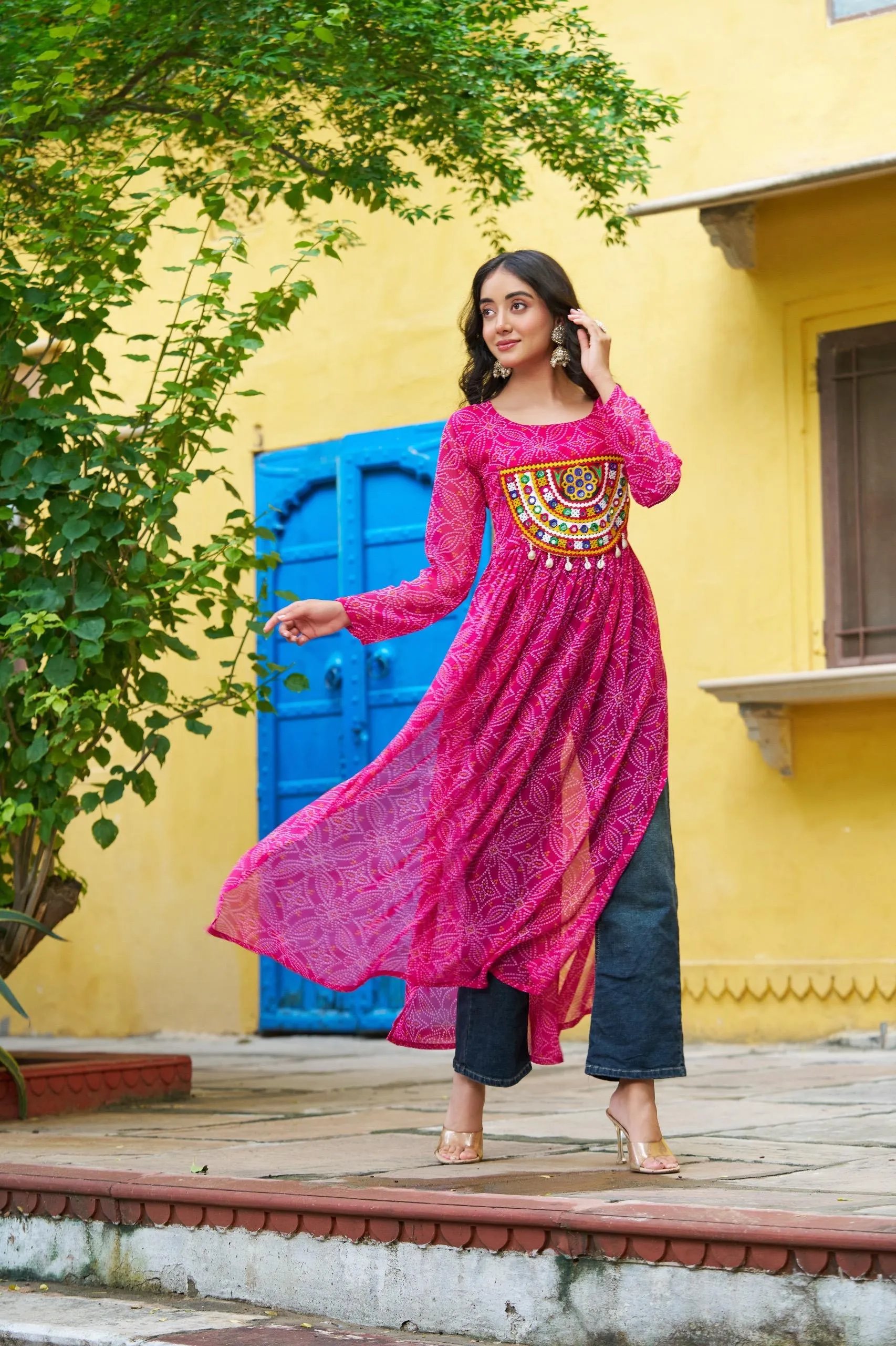 Bandhej Print Kurti with Kutchi Patchwork Navratri Wear in Surat
