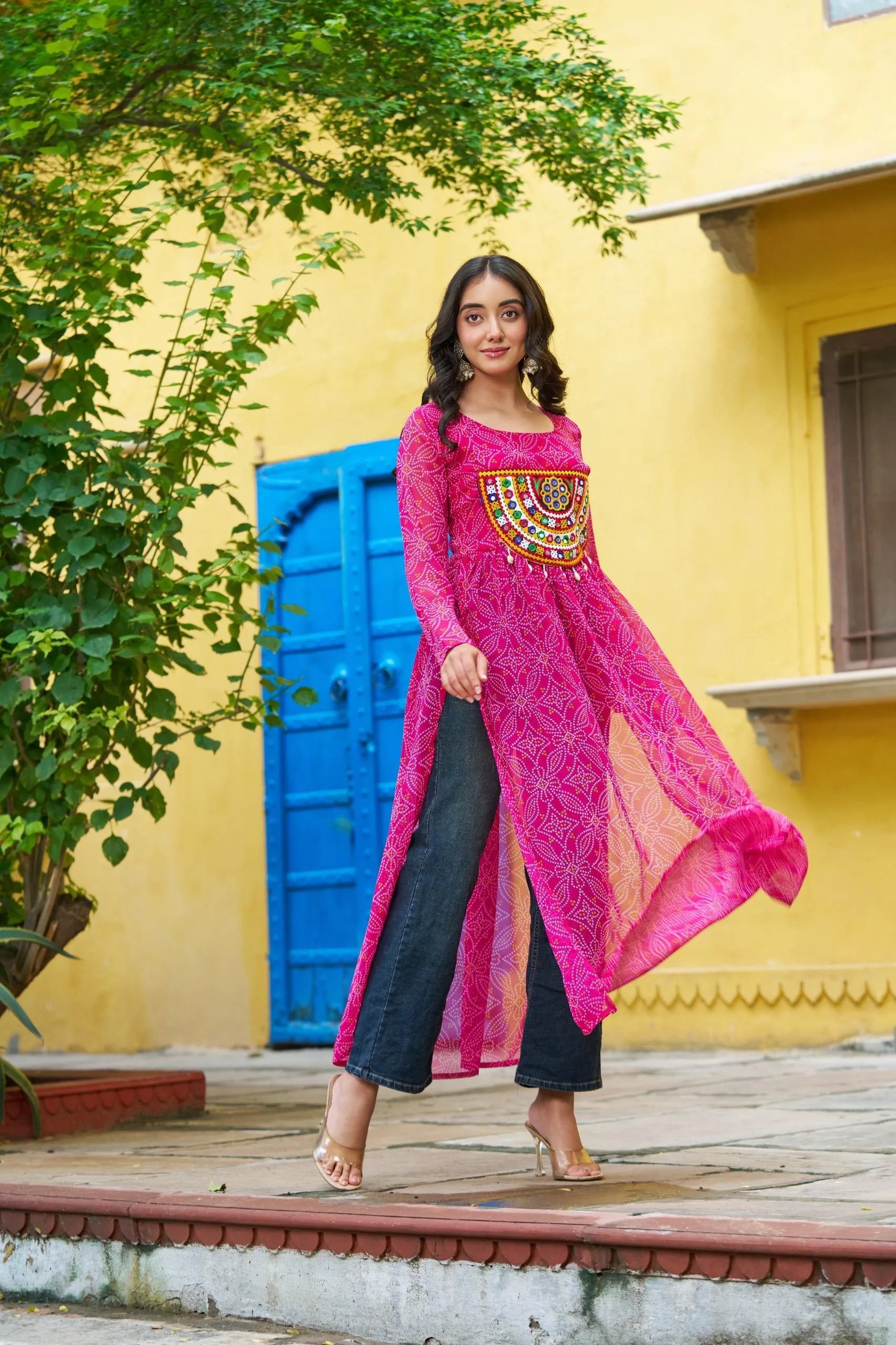 Bandhej Print Kurti with Kutchi Patchwork Navratri Wear in Surat