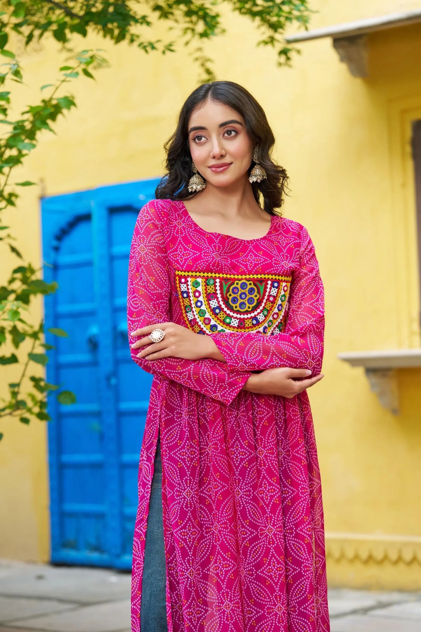 Bandhej Print Kurti with Kutchi Patchwork Navratri Wear in Surat