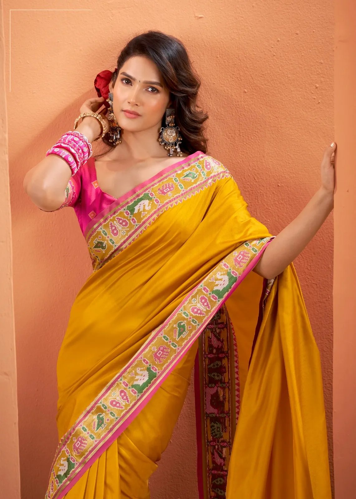 Silk Saree with Patola Weaving Pallu and Contrast Blouse in Surat