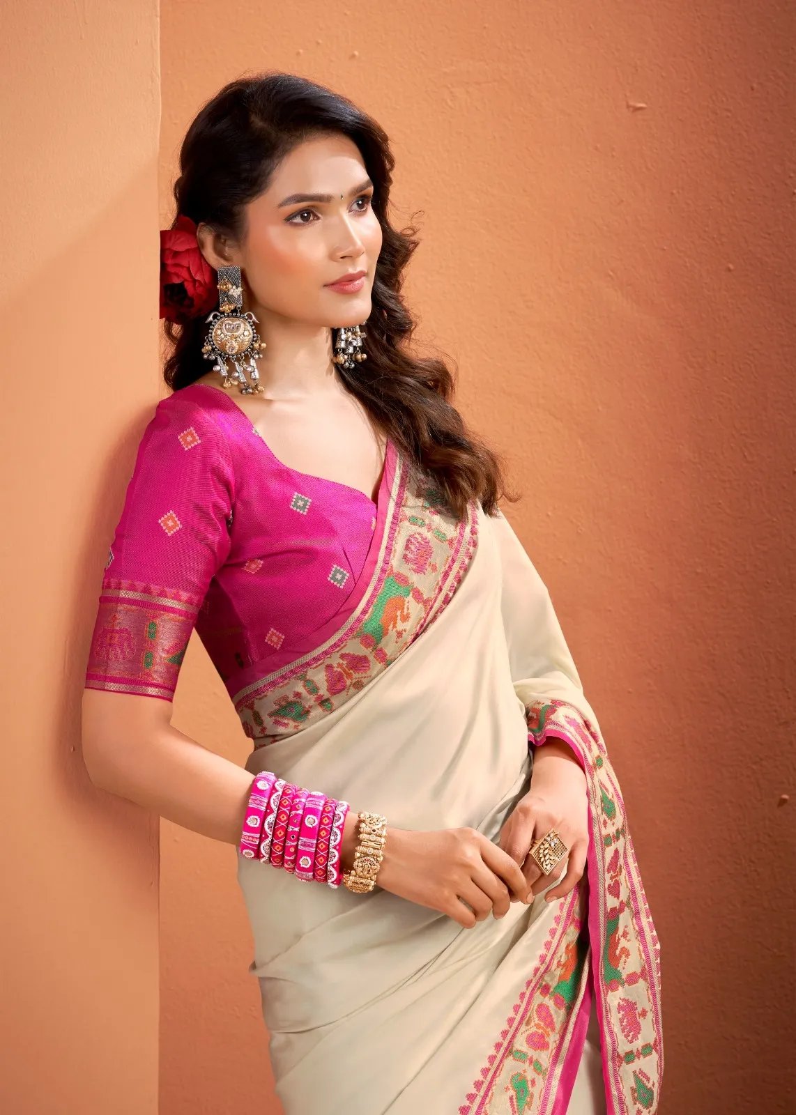 Silk Saree with Patola Weaving Pallu and Contrast Blouse in Surat