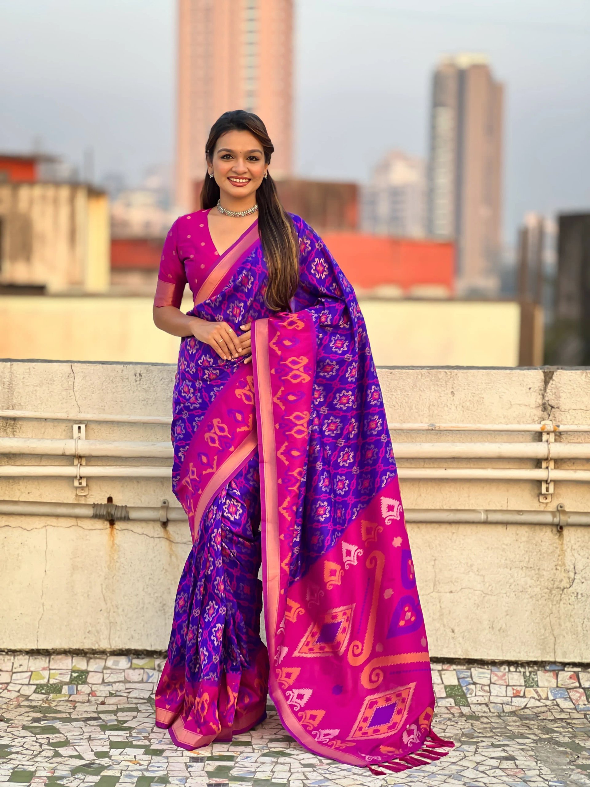 Satrangi Ikkat Patola Silk Saree with Zari Woven Pallu in Surat
