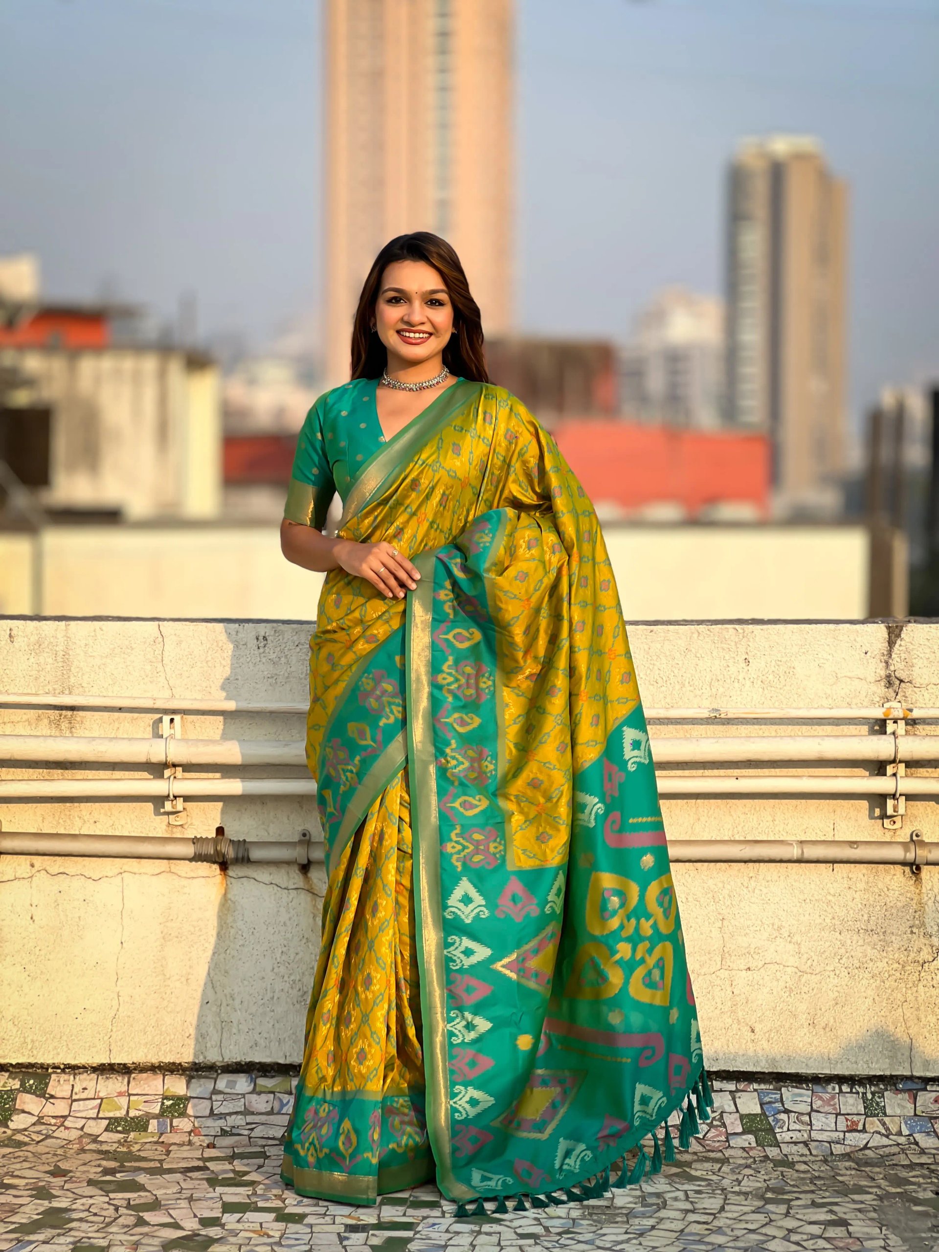 Satrangi Ikkat Patola Silk Saree with Zari Woven Pallu in Surat