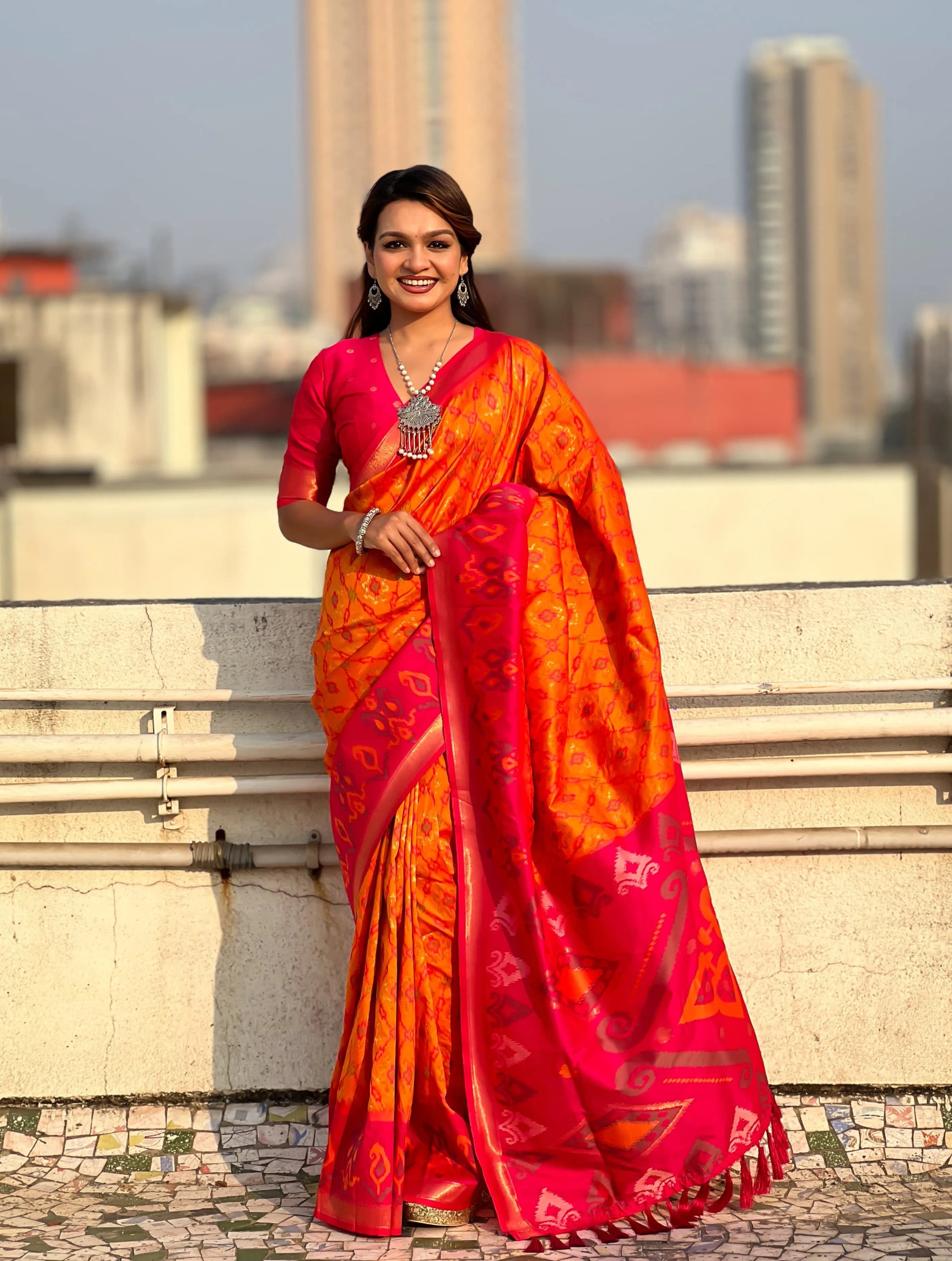 Satrangi Ikkat Patola Silk Saree with Zari Woven Pallu in Surat