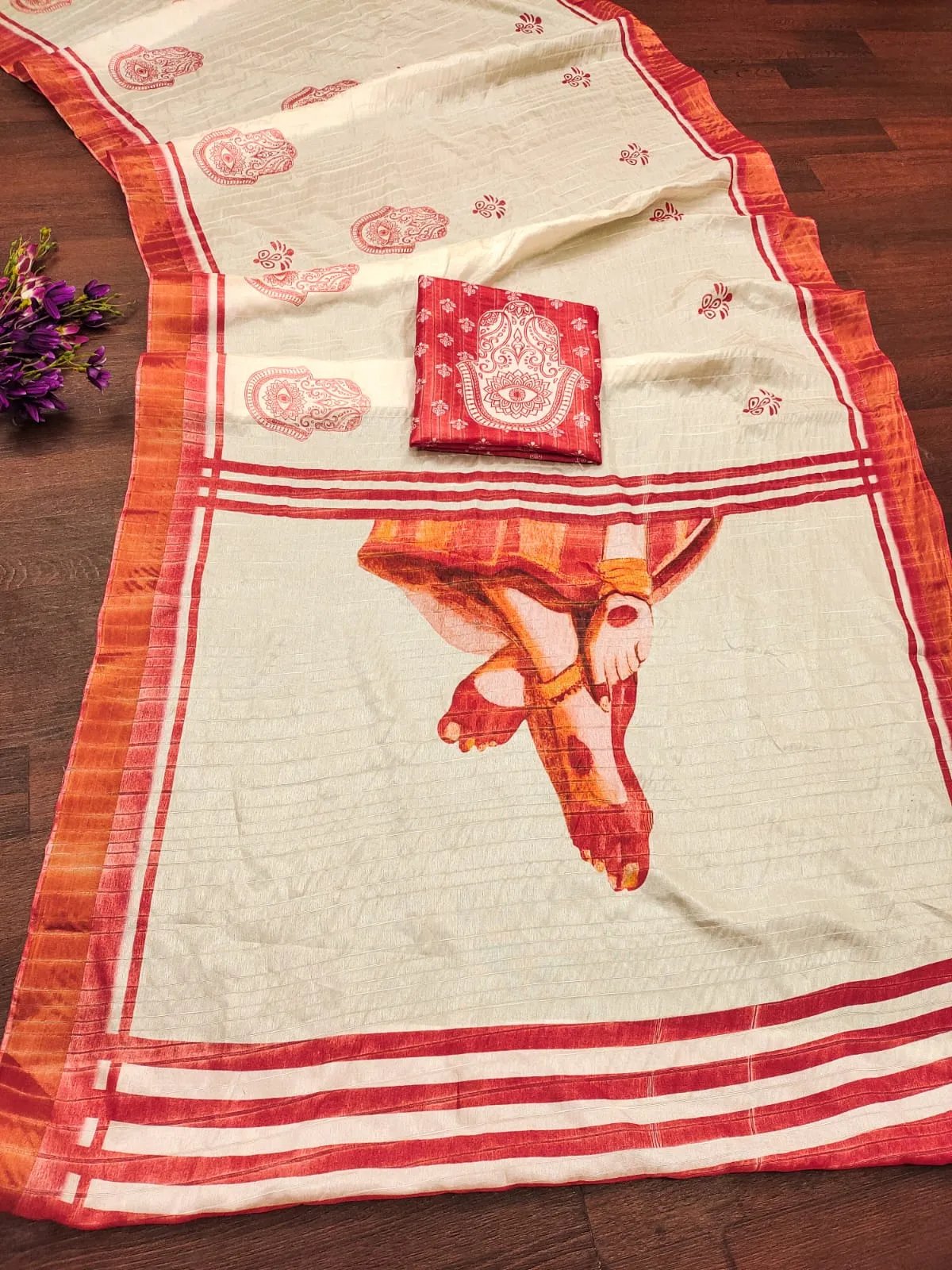 Soft Dola Silk Durga Puja Print Saree with Zari Border in Surat