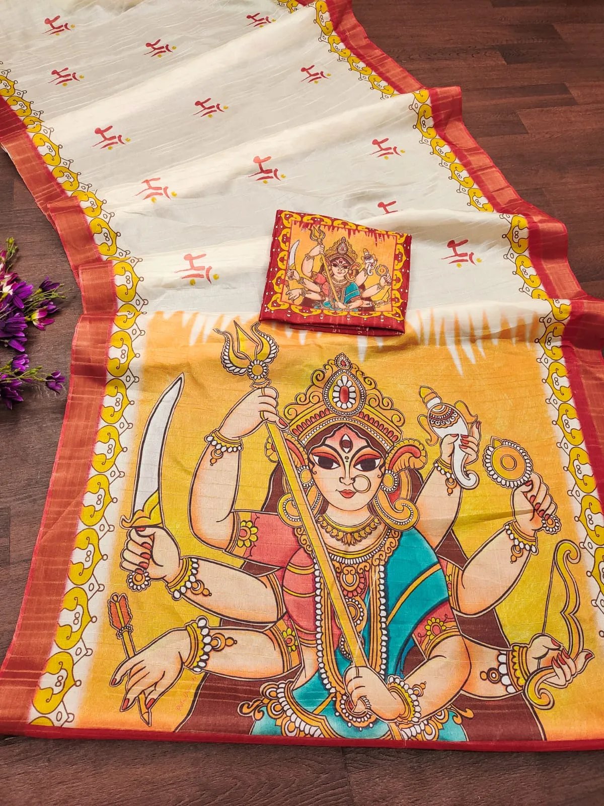Soft Dola Silk Durga Puja Print Saree with Zari Border in Surat