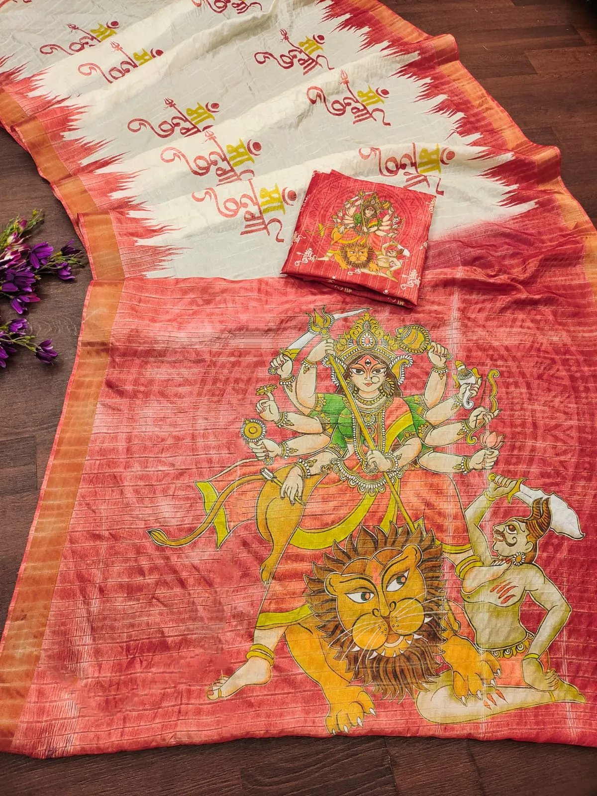 Soft Dola Silk Durga Puja Print Saree with Zari Border in Surat
