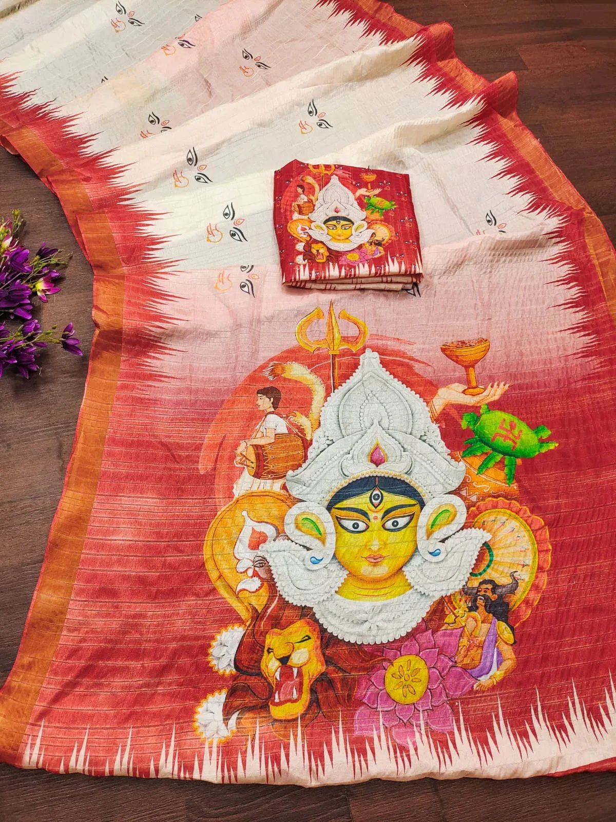 Soft Dola Silk Durga Puja Print Saree with Zari Border in Surat