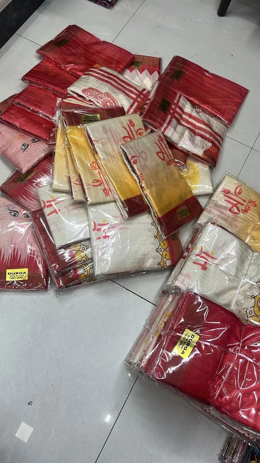 Soft Dola Silk Durga Puja Print Saree with Zari Border in Surat