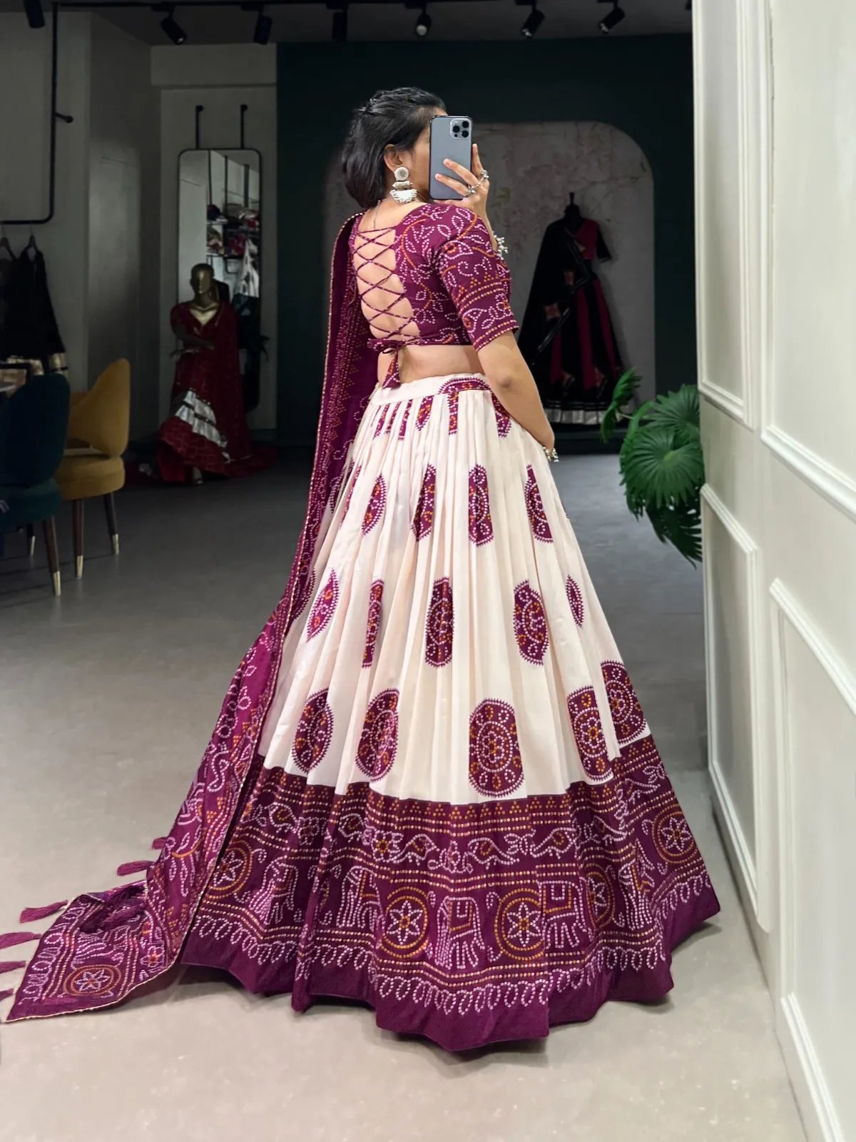 Navratri Tasar Silk Lehenga Choli with Bandhej Print & Tassels in Surat