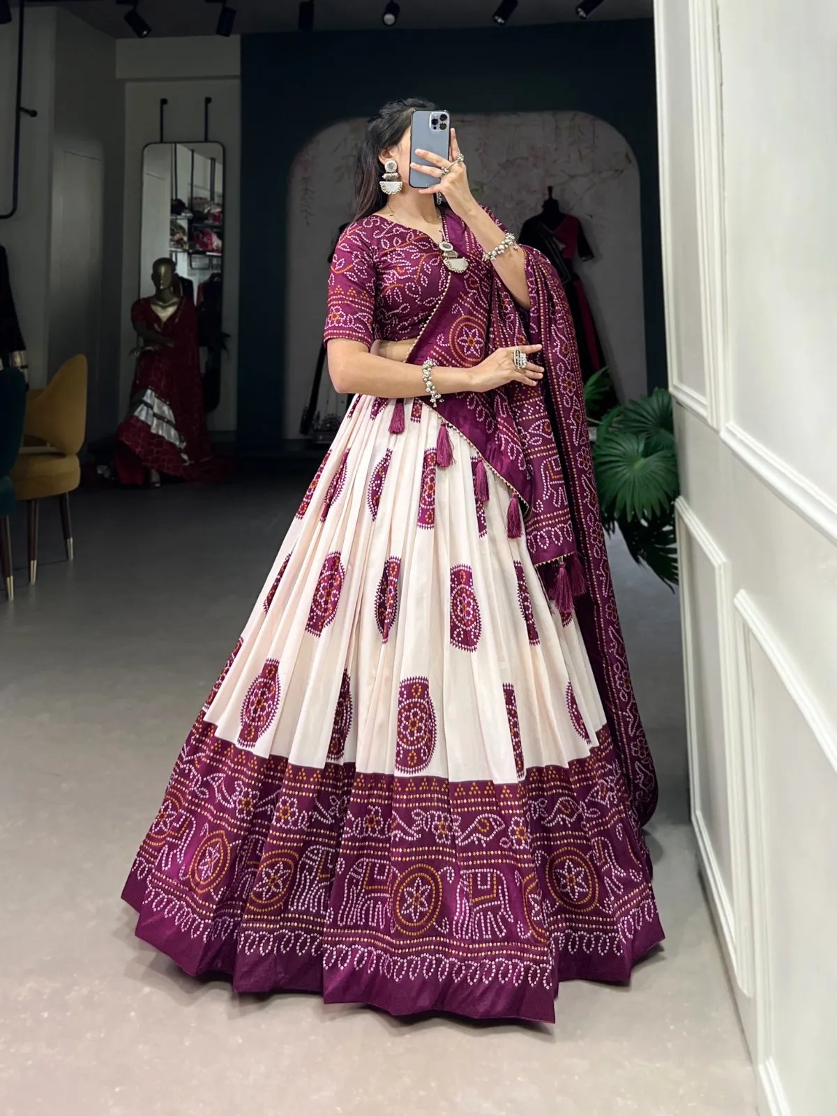 Navratri Tasar Silk Lehenga Choli with Bandhej Print & Tassels in Surat