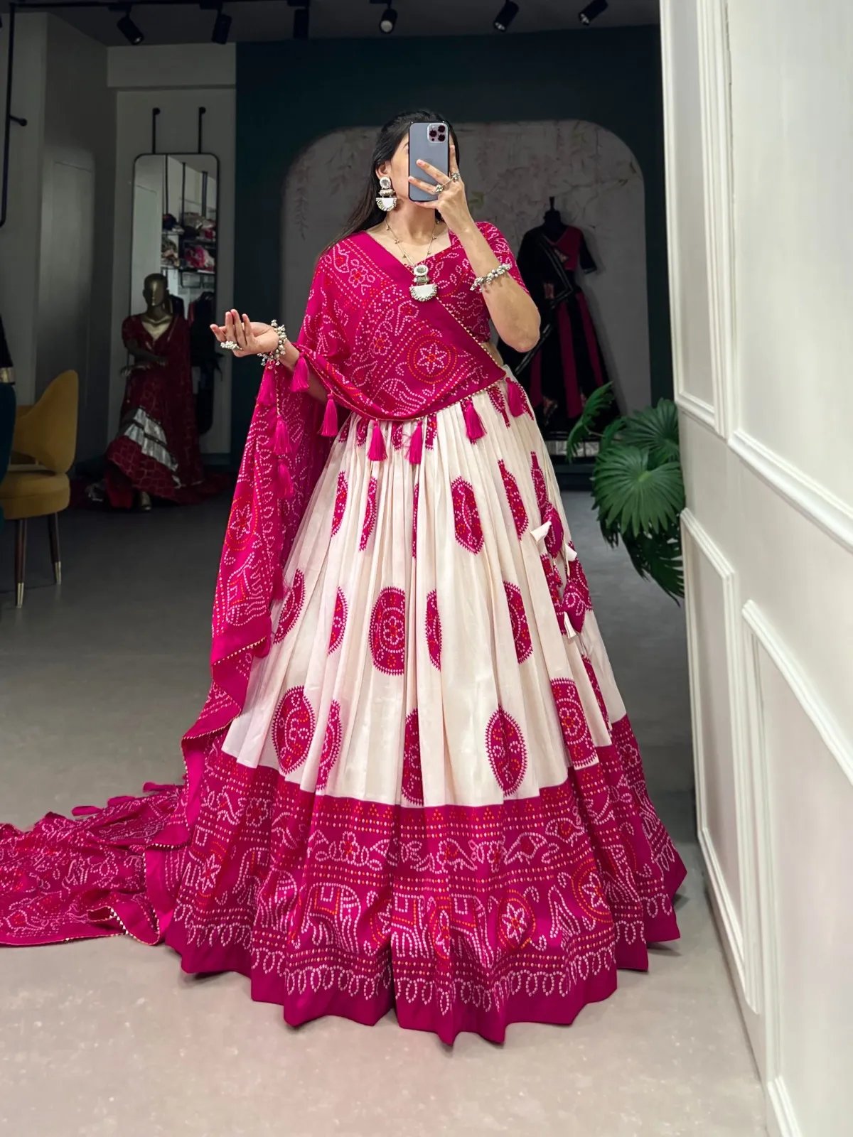 Navratri Tasar Silk Lehenga Choli with Bandhej Print & Tassels in Surat
