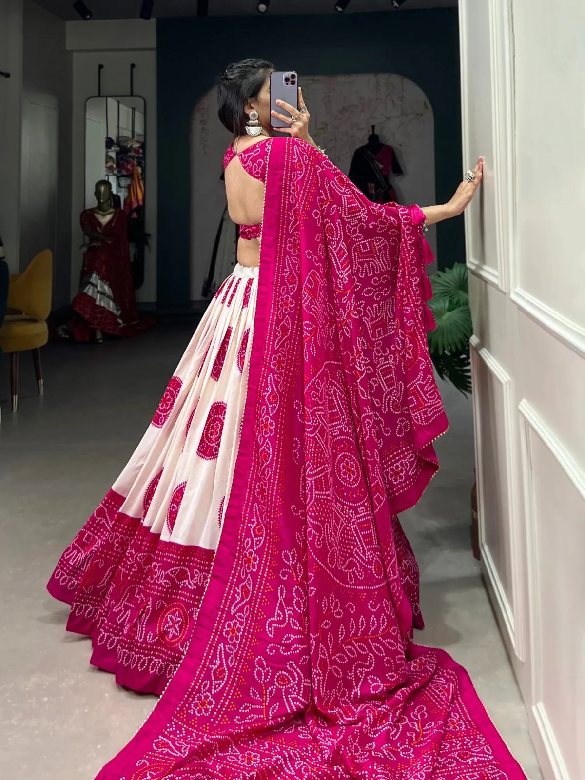 Navratri Tasar Silk Lehenga Choli with Bandhej Print & Tassels in Surat