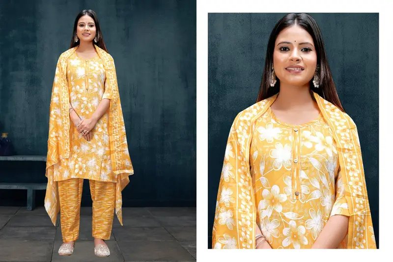 Women's Yellow Floral Print Suit with Dupatta in Thane