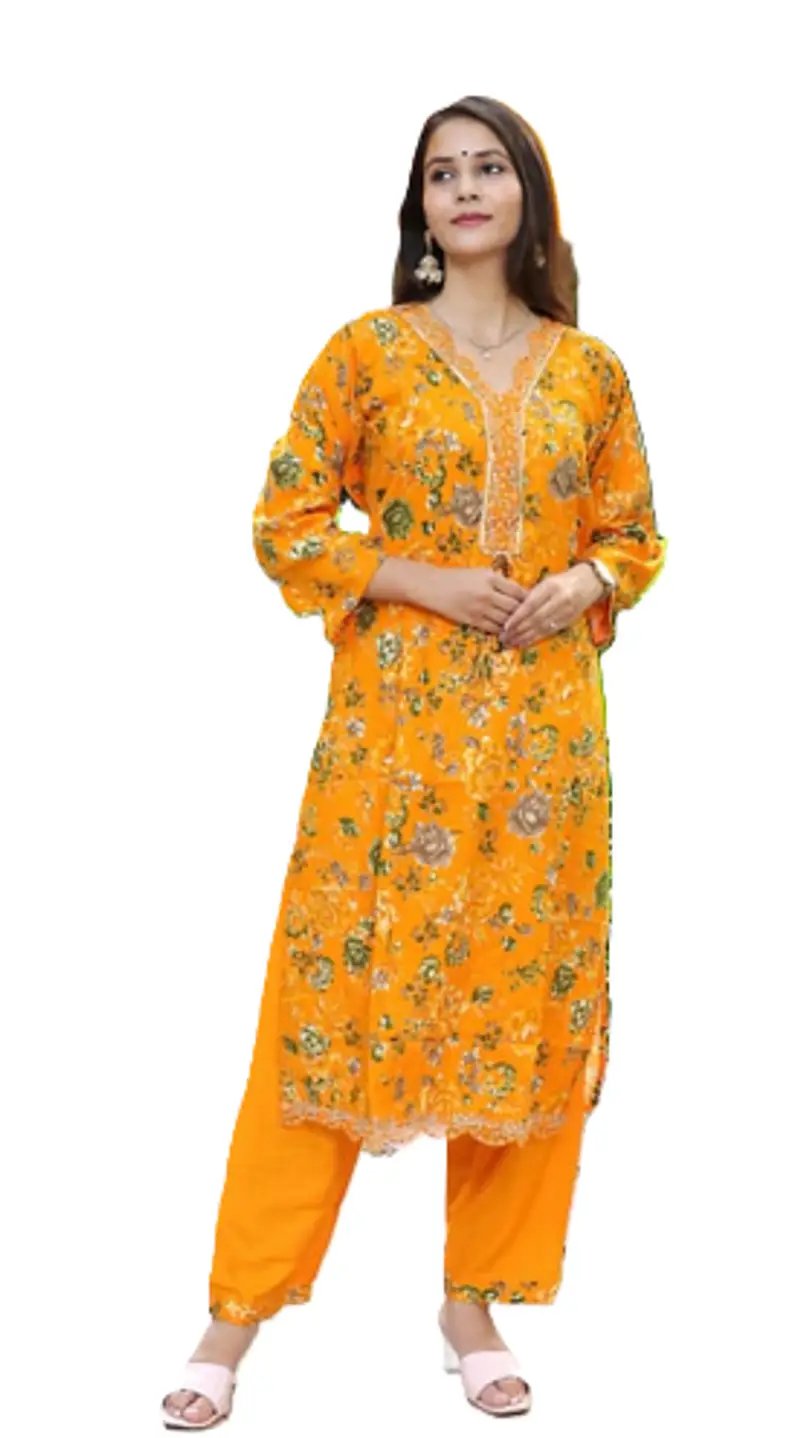 Yellow Floral Print Straight Kurta Set with Dupatta in Thane