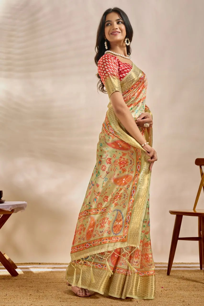 Soft Silk Saree with Paisley Floral Print and Zari Border in Surat