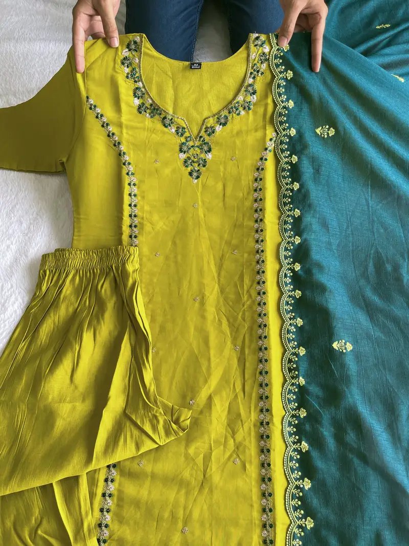 Parrot Green Silk Kurti Pant Dupatta Set for Festive Wear in Surat