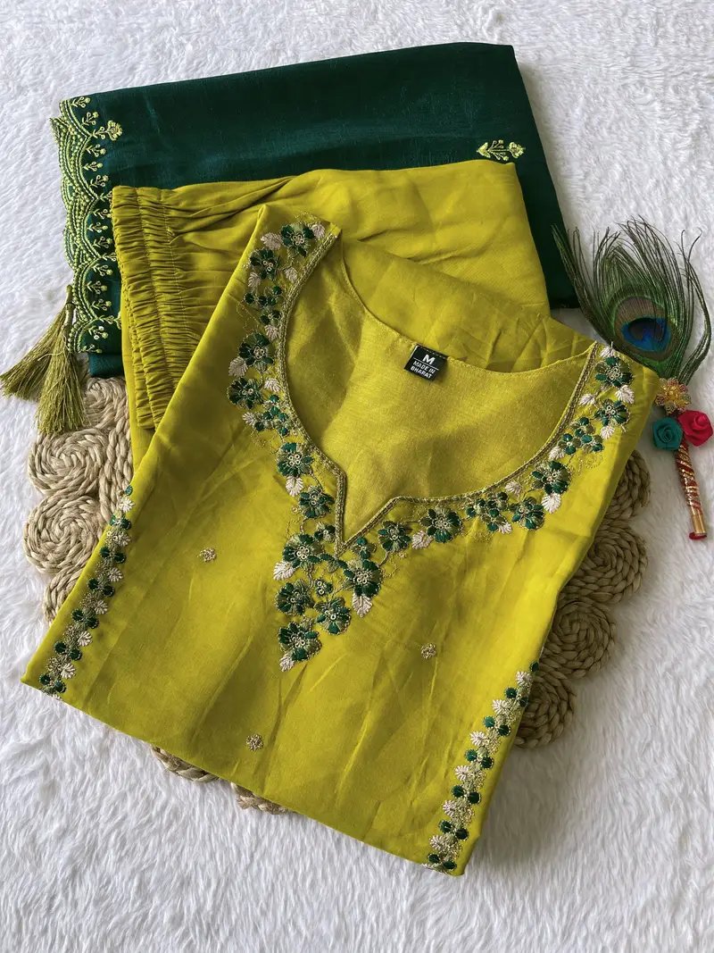 Parrot Green Silk Kurti Pant Dupatta Set for Festive Wear in Surat
