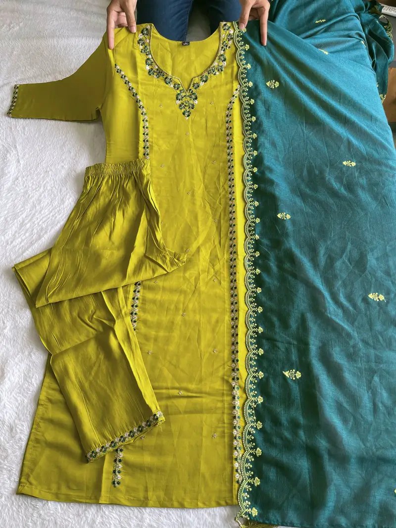 Parrot Green Silk Kurti Pant Dupatta Set for Festive Wear in Surat