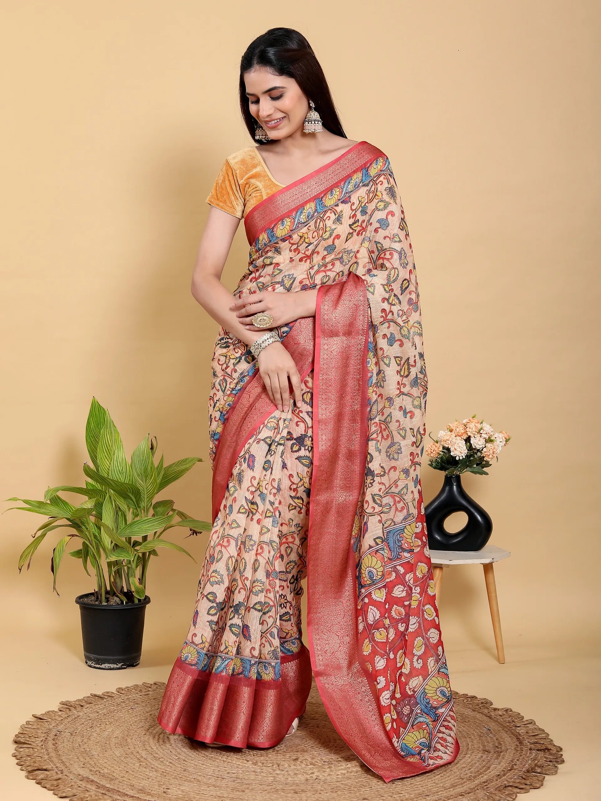 Kalamkari print Linen Cotton saree in Kolkata