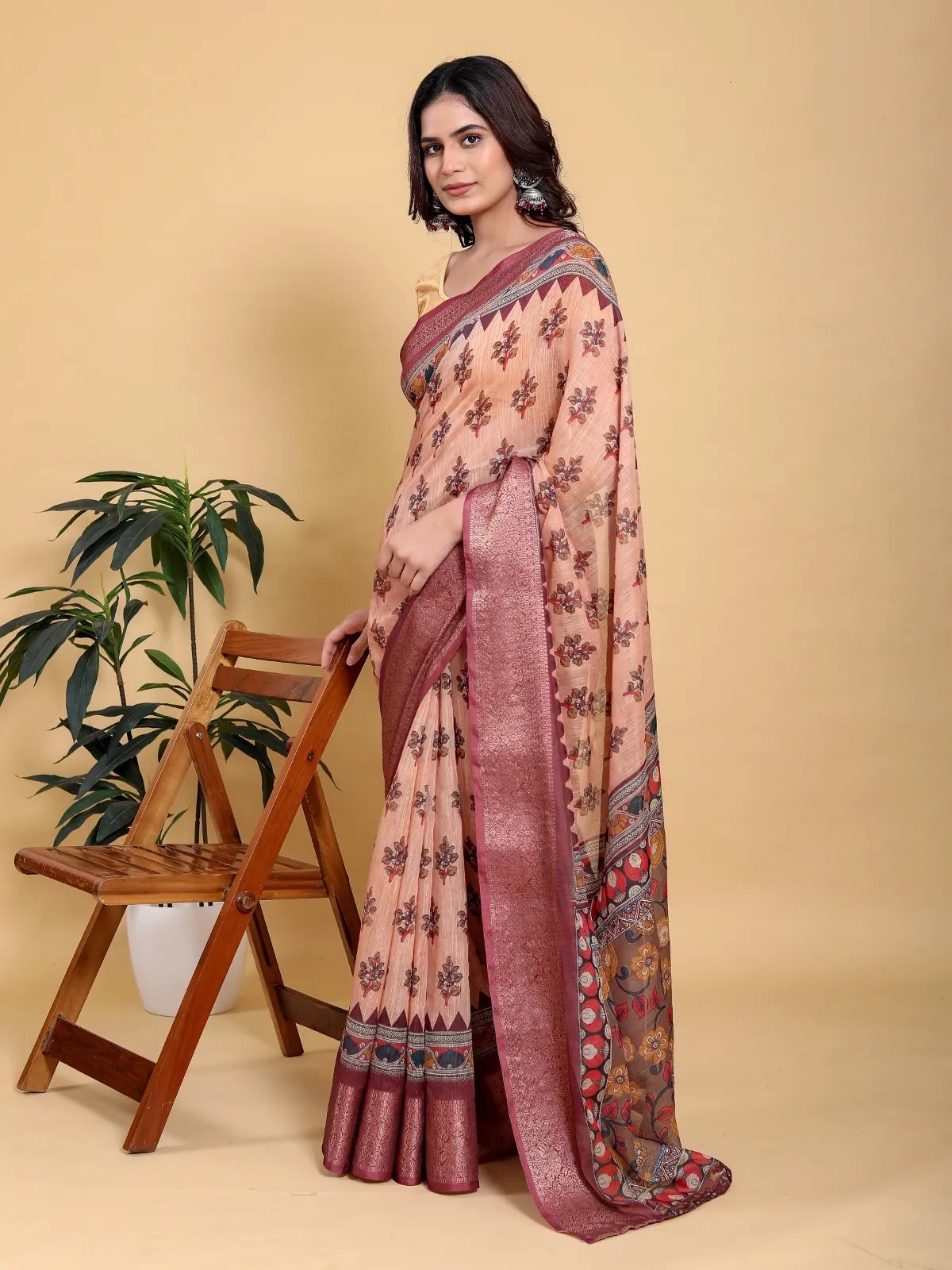 Peach Floral Print Linen Cotton Saree with Maroon Zari Border in Kolkata